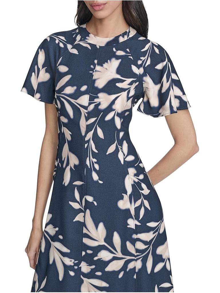 Blue Calvin Klein Flutter Sleeve Floral Midi
