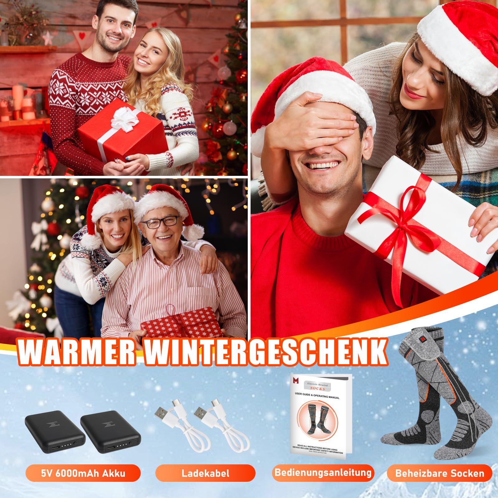 Beheizbare Socken, 6000mAh Akku Heizsocken, Elektrisch Beheizte Socken für Damen Herren, 3 Heizstufen Socken Beheizbar für Winter Outdoor-Sport