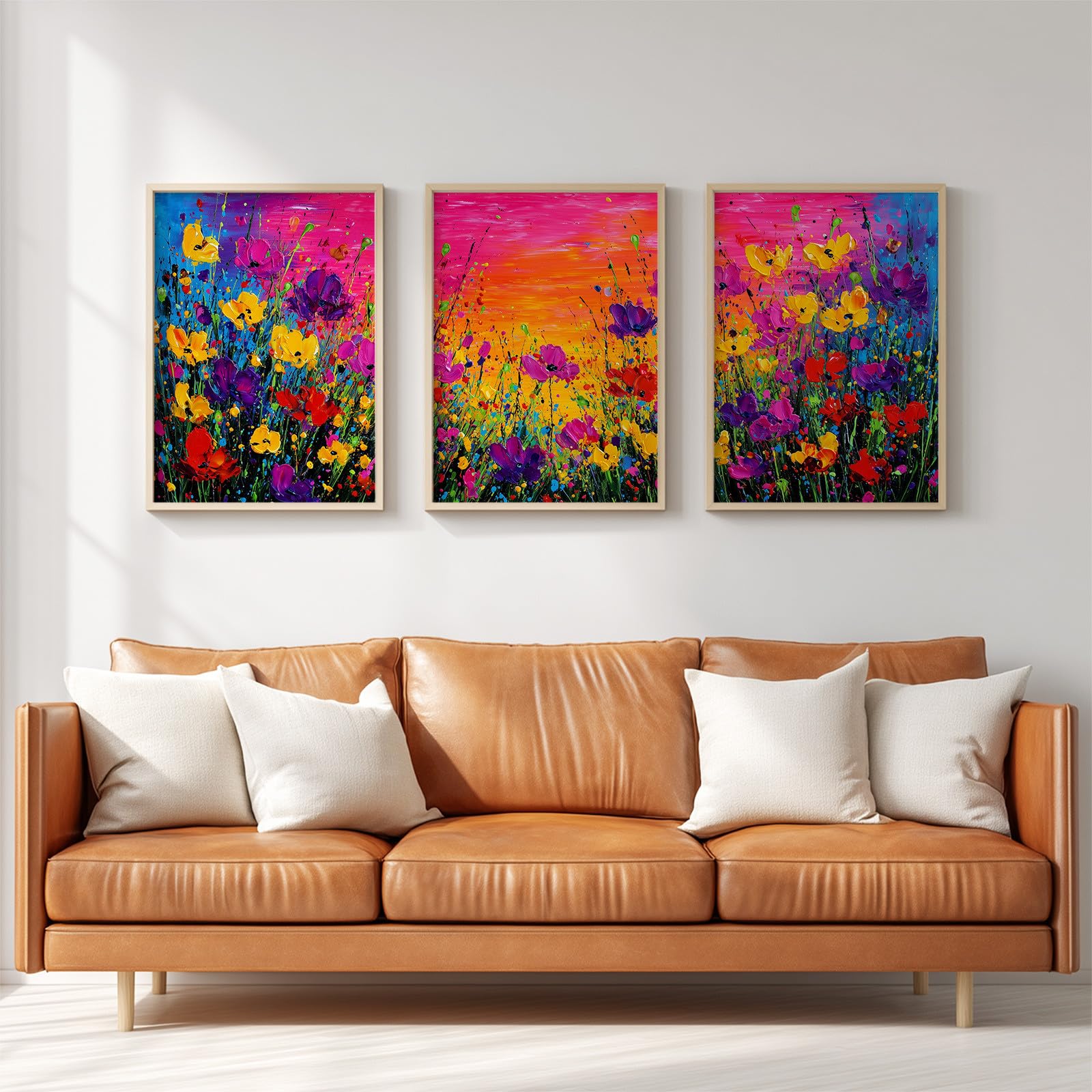 Generisch 3-teiliges Wandbild Leinwand Set 50 x 70 cm, Ohne Rahmen Triptychon Ästhetische Kunstdrucke Ölgemälde Floral für Wohnzimmer & Schlafzimmer, Blume Wildgras Farbig Sonnenuntergang Himmel