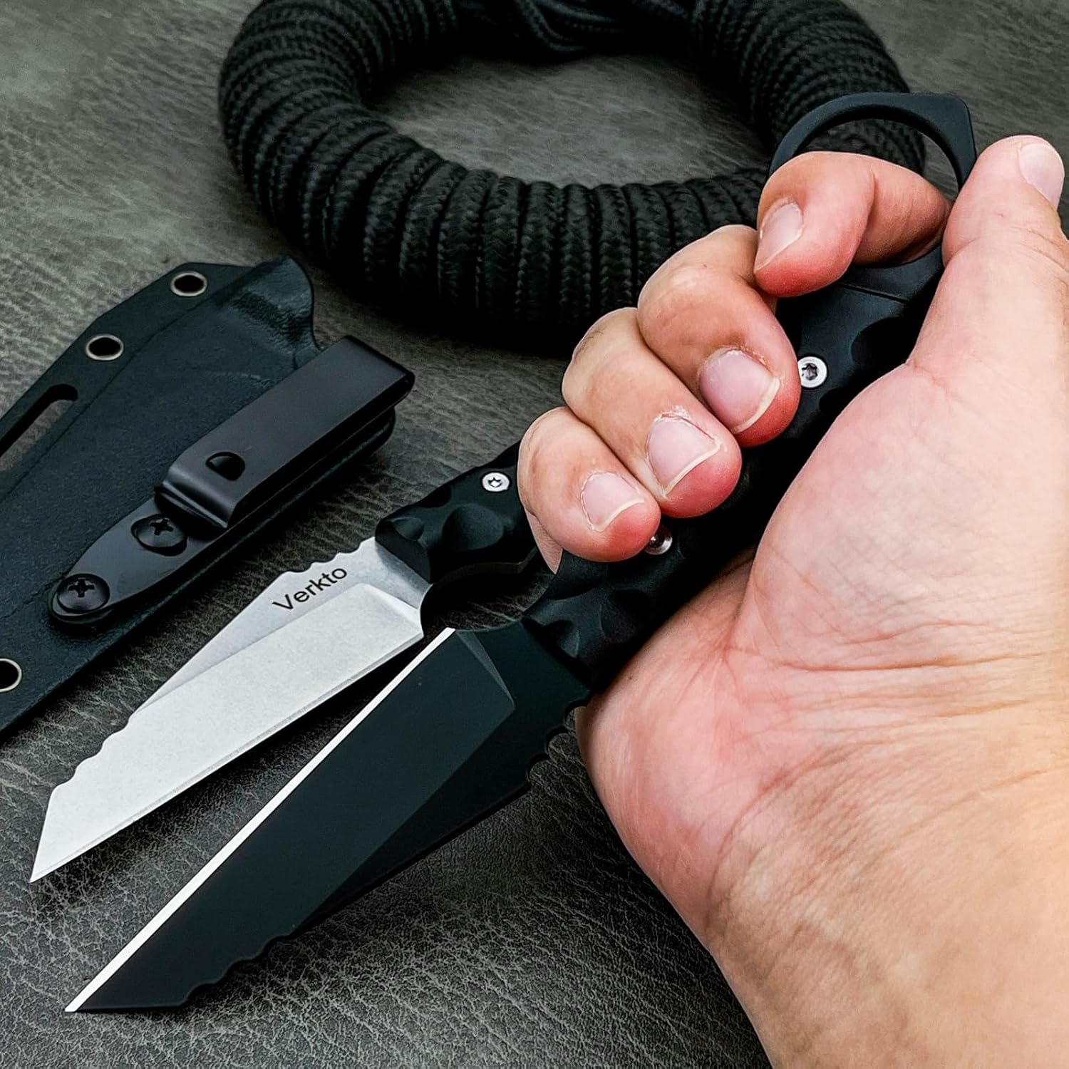Fixed Blade Knife,3.5" 7Cr13Mov Tanto Blade, Hunting Knives Nylon Fiber Handle with Sheath, Full Tang Knife for Outdoor (White)