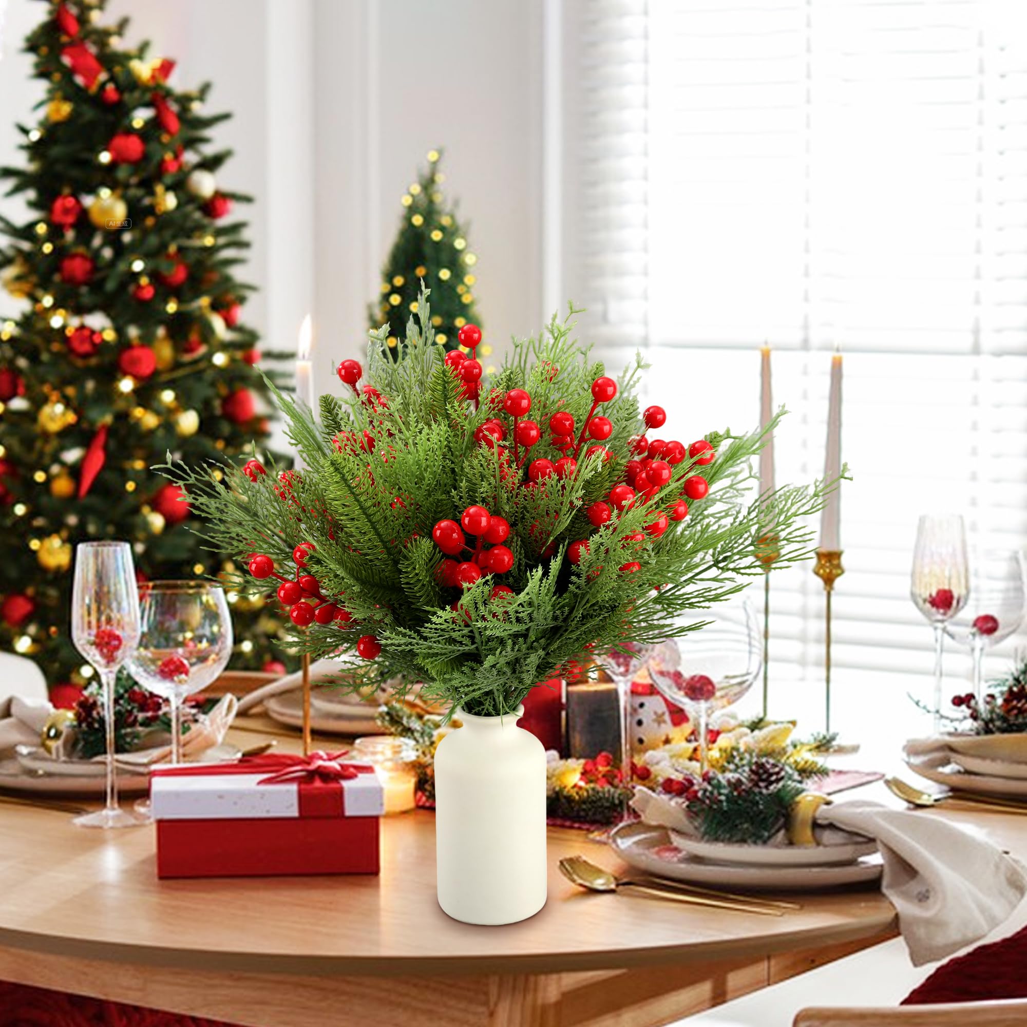 Künstliche Tannenzweige für Weihnachten, 20,3 cm, künstliche rote Beerenstiele, 34,3 cm, künstliche künstliche Tannen, Nadeln, DIY-Handwerk, Dekorationen für Weihnachtsbaum, DIY-Kranz, Girlande