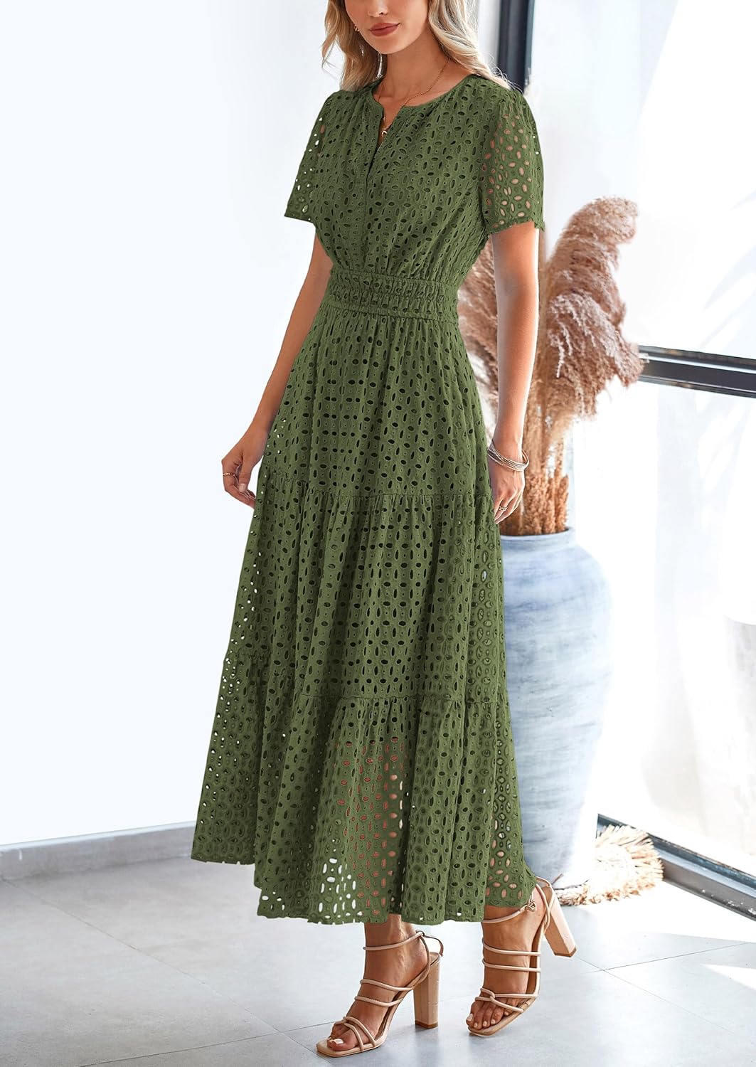 PRETTYGARDEN Womens 2026 Summer Maxi Dress Short Sleeve V Neck Hollow Out Eyelet A Line Long Flowy Beach Vacation Dresses - Image 3