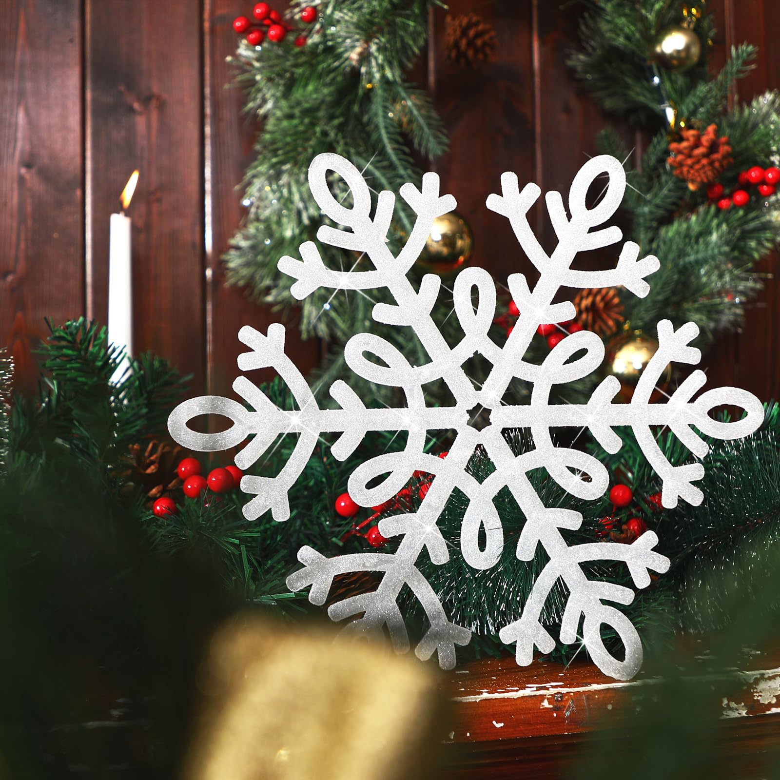 Sratte 12 Stück 40,6 cm große Schneeflocken-Ornamente, riesige glitzernde dekorative hängende Schneeflocken, 6 Designs, Weihnachtsdekoration, hängende Ornamente, Winter-Fensterdekoration mit