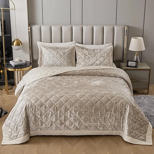 Miniatura 1 de LUCKYBULL Juego de edredón de terciopelo coreano champán tamaño Queen XL (90 x 96 pulgadas), 3 piezas de colcha suave con textura de lujo con 2