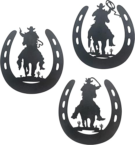 WAIU Decoración de pared de metal de herradura con vaquero, zapatos de caballo de estilo rústico occidental, decoración colgante para dormitorio,