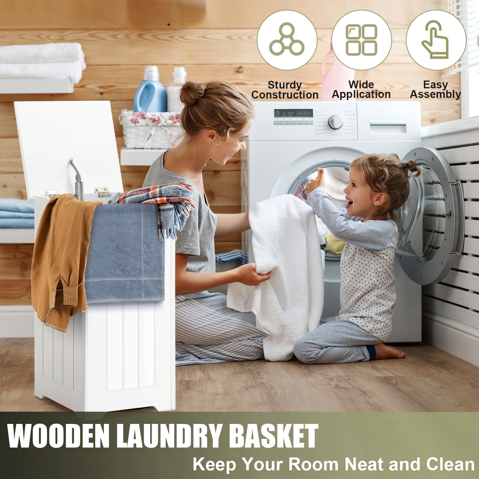 HOMASIS 35L/28L Secchio per Lavanderia da Bagno, Cesto Portabiancheria con Coperchio in Legno, Cesta Panni Sporchi Salvaspazio per il Bucato, 30 x 30 x 61 cm, Bianco (Modello 2, con Tasca)