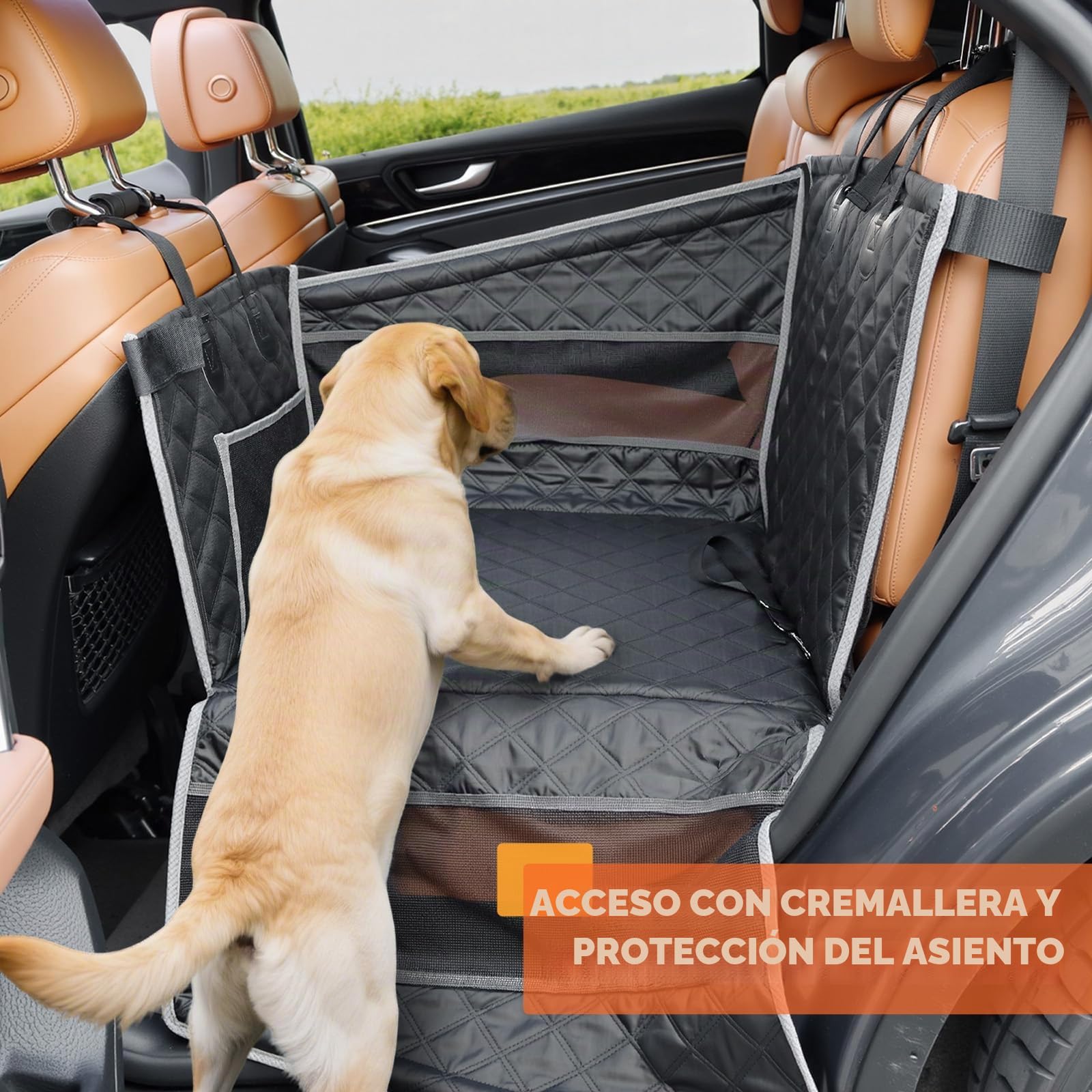 Gimars Mejora Asiento Perro Coche Extra Estable para Perros Medianos Pequeños, Impermeable Ensanchado Transportin Perro Coche, Reforzado Cama con Ventanas De Red Cinturón De Seguridad, M