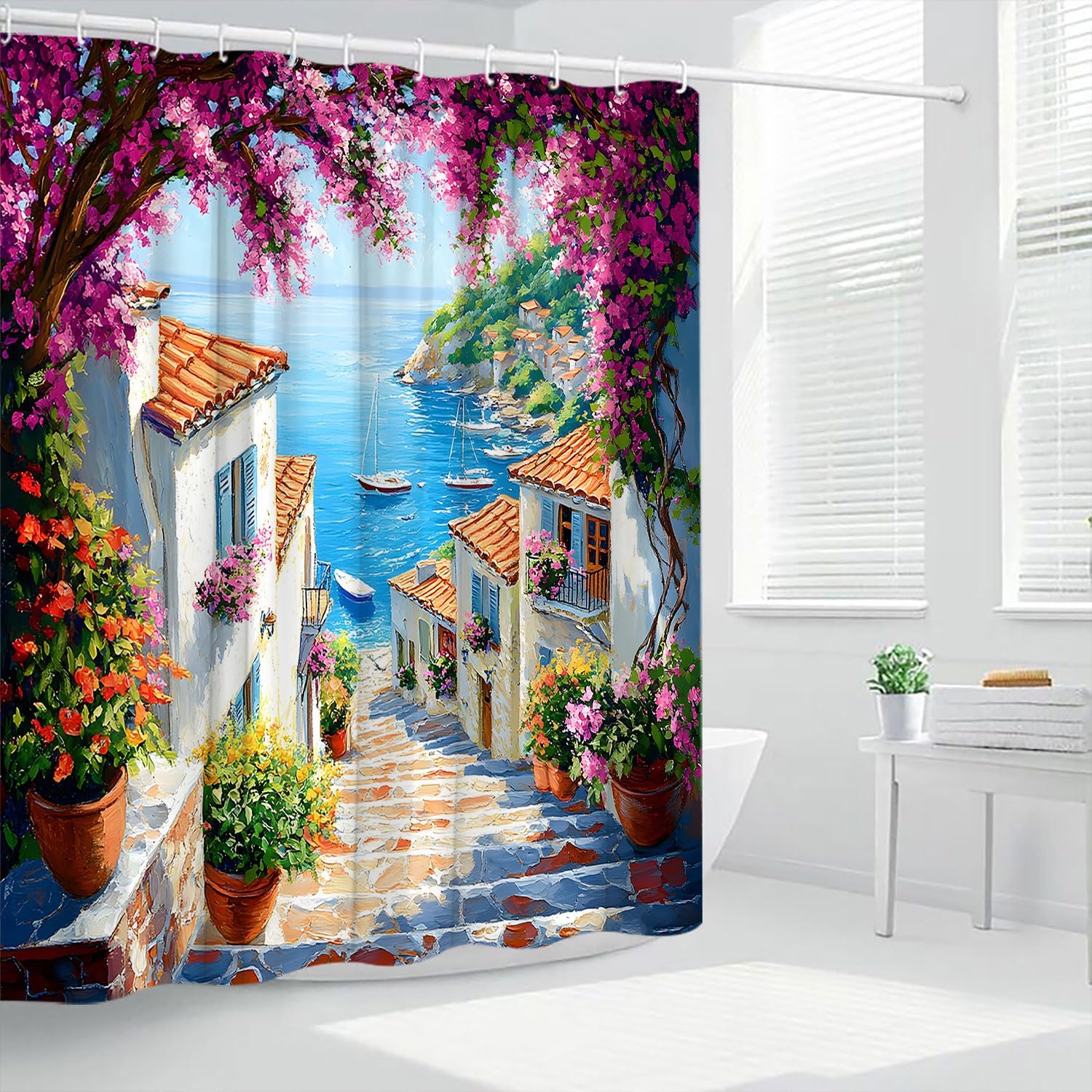 Italy Shower Curtain Mediterranean Cityscape Sea Purple Flower Italian City Town Street Coastal Landscape Polyester Curtains Bathroom Decor with Hooks 78" Wx70 H