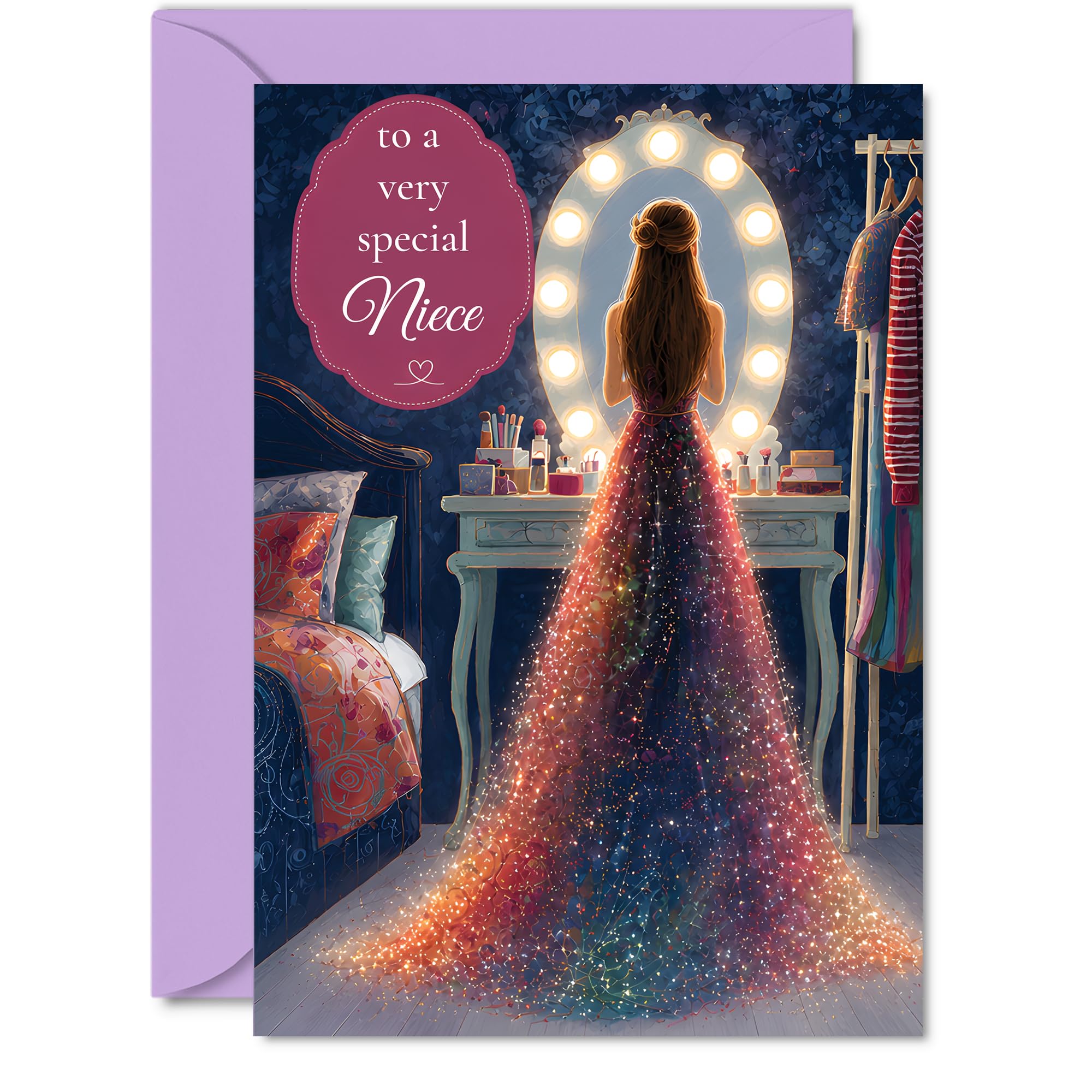 Heartfelt Birthday Card for Niece - Shimmering Vanity Glamour - Sparkling Evening Dress and Glowing Mirror Scene - Celebrate a Truly Special Niece in Style - A5, Envelope Included