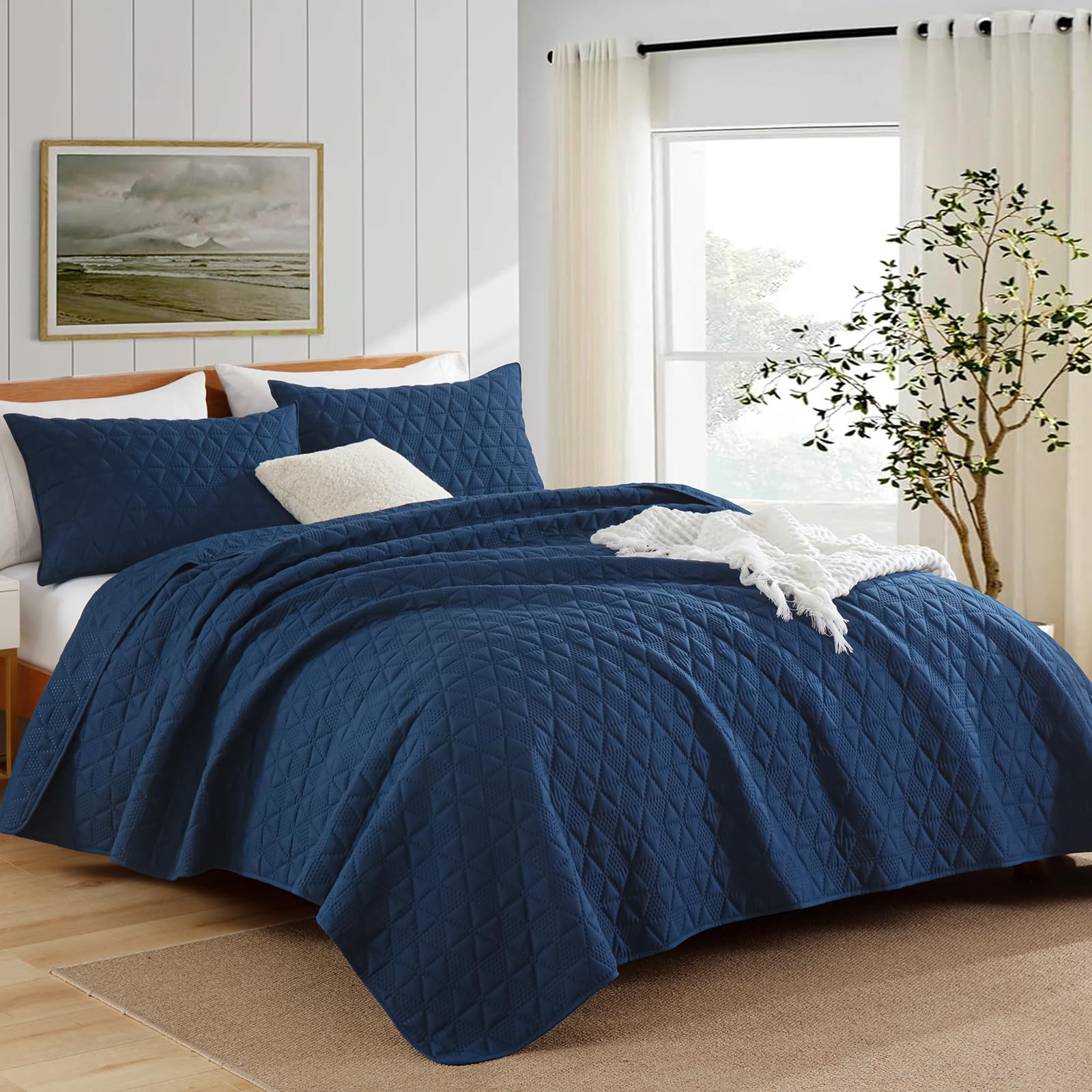 DJY Navy Blue Queen Quilt Bedding Set, Lightweight Soft Bedspread