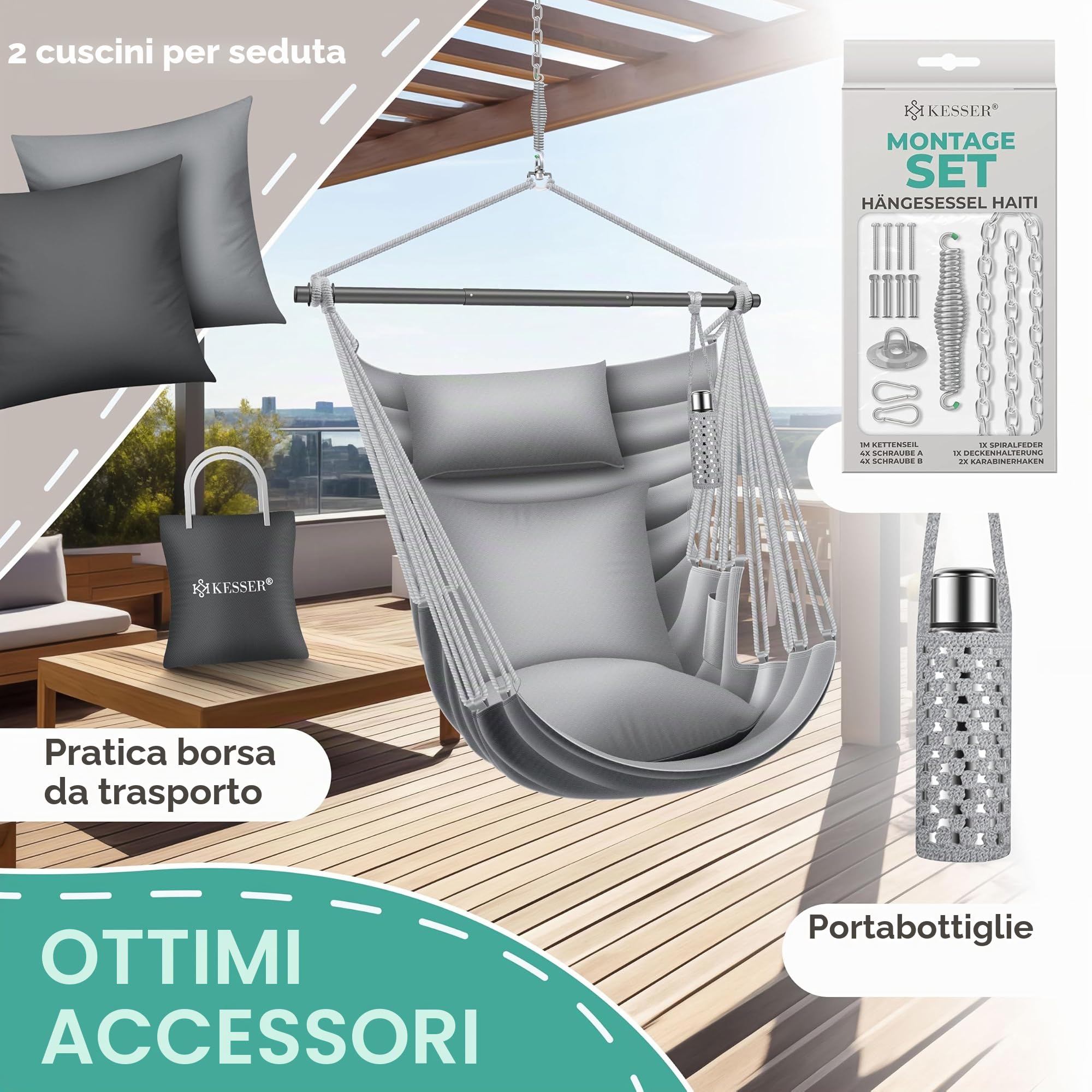 KESSER® Poltrona sospesa Haiti, portata 150 kg, girevole a 360°, altalena sospesa per interni ed esterni, resistente ai raggi UV e all'acqua, facile da pulire, include 2 cuscini, borsa per il