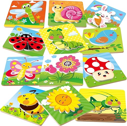 MiniInflat Paquete de 12 rompecabezas de madera de Pascua, regalo para niños pequeños, aprendizaje educativo, primavera, mariposa, flor, abeja,