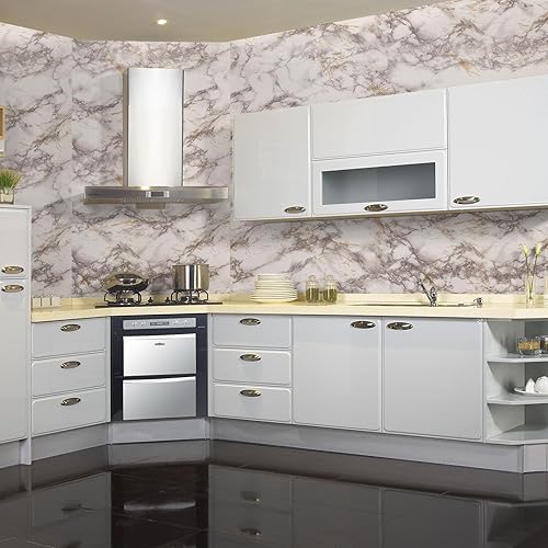 Miniatura 5 de Decoroom Papel de contacto de mármol blanco de 17.71 x 394 pulgadas para encimeras, papel tapiz de mármol de granito brillante para gabinetes de