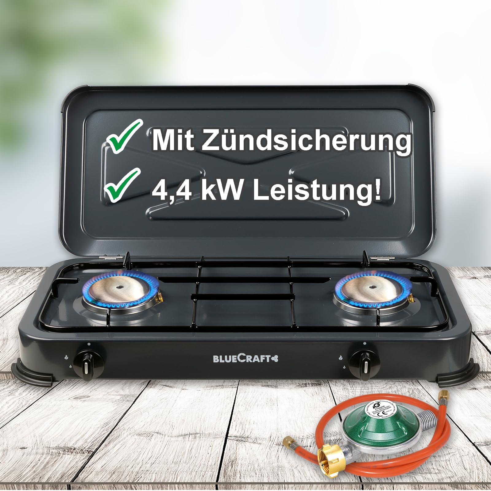 Bluecraft Gaskocher Camping 2 flammig mit Zündsicherung, Schlauch & Regler | Campingkocher mit 4,4 kW Leistung, Druckminderer & Gasschlauch ideal für Outdoor, Notfall, Garten & Freizeit, Wohnmobil