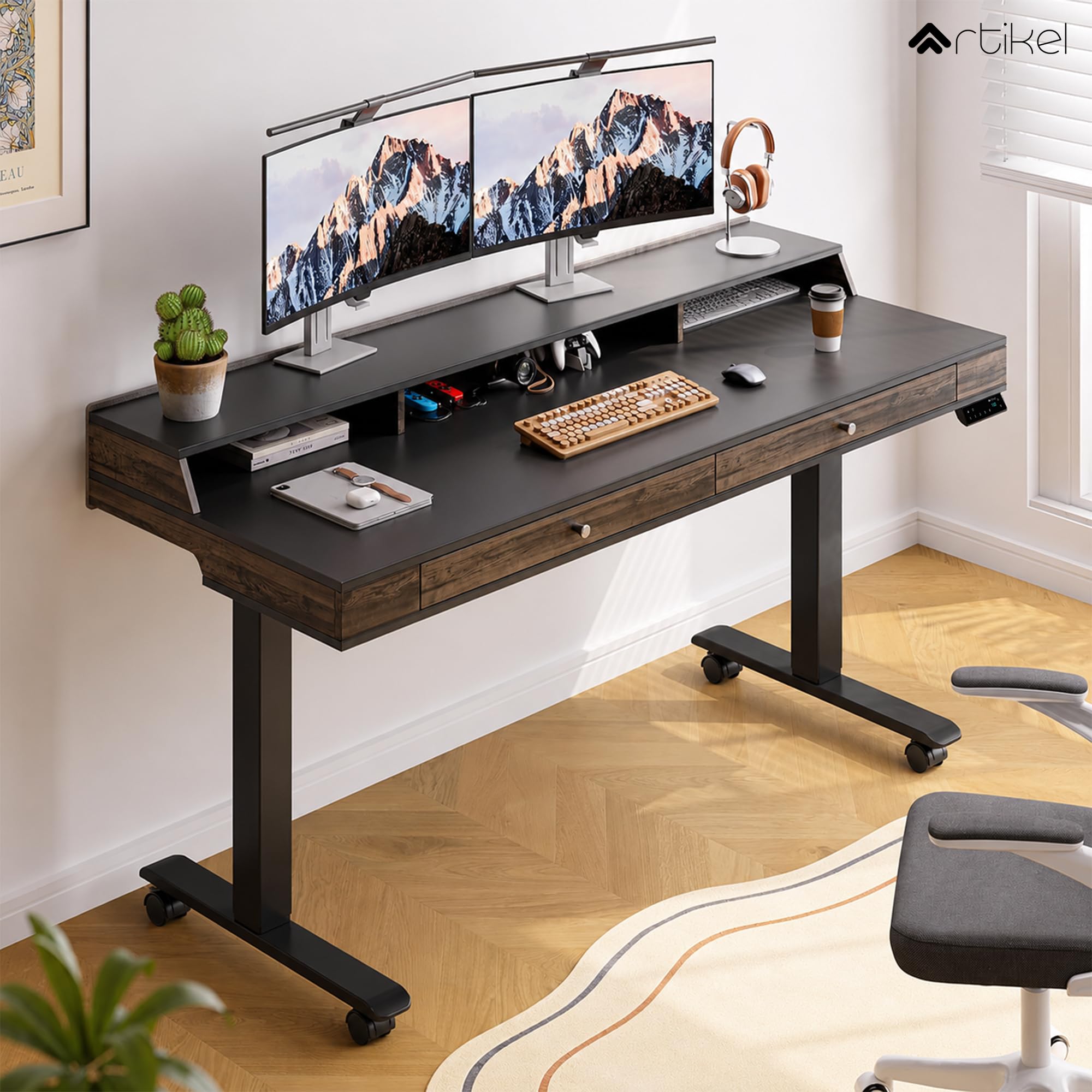 ARTIKEL Valor Pro Electric Height Adjustable Standing Desk with Storage Drawers & Shelves| Sit-Stand Desk for Home Office |Ergonomic Workspace Table (Rustic Brown)