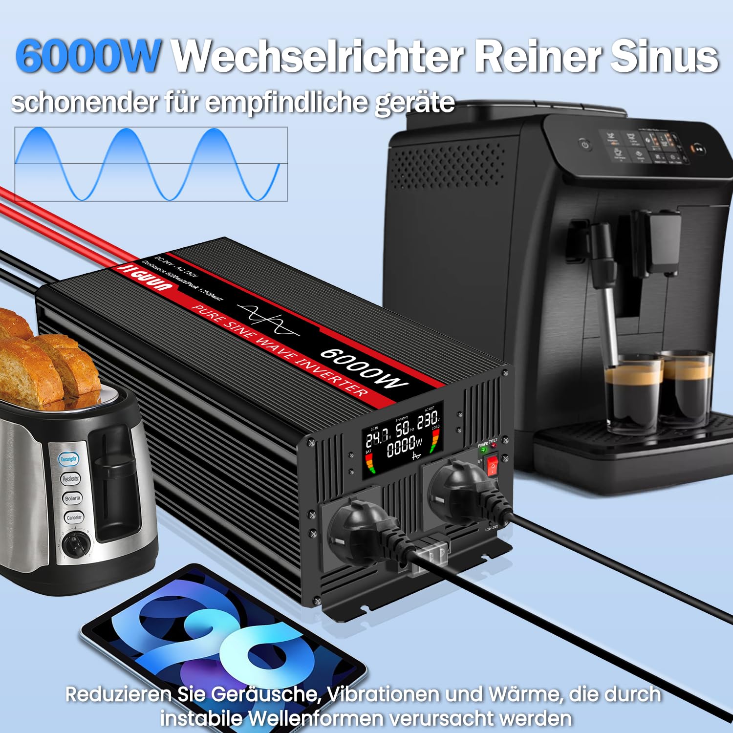 JIGUUN 6000W Wechselrichter 24V auf 230V Reiner Sinus Spannungswandler