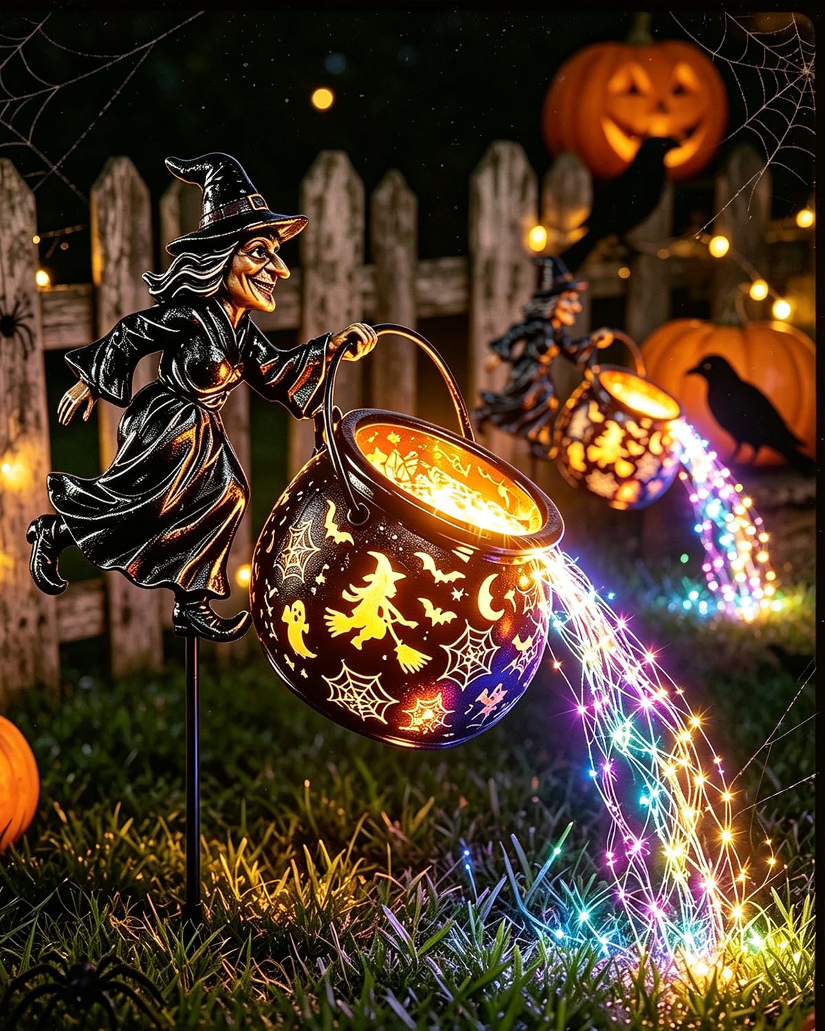 Explcior Halloween Witch Cauldron Garden Light with LED Projector and Stake