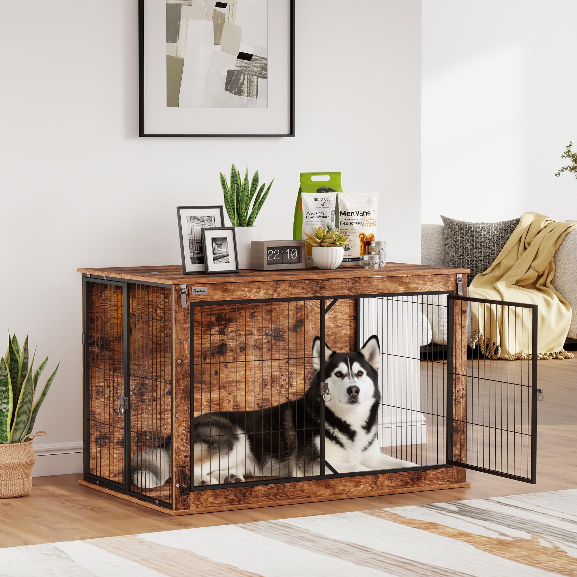 PawHut Dog Crate Furniture, Dog Cage End Table with Openable Top, Two Lockable Doors, for Extra Large Pets, 118 x 75 x 77cm, Rustic Brown