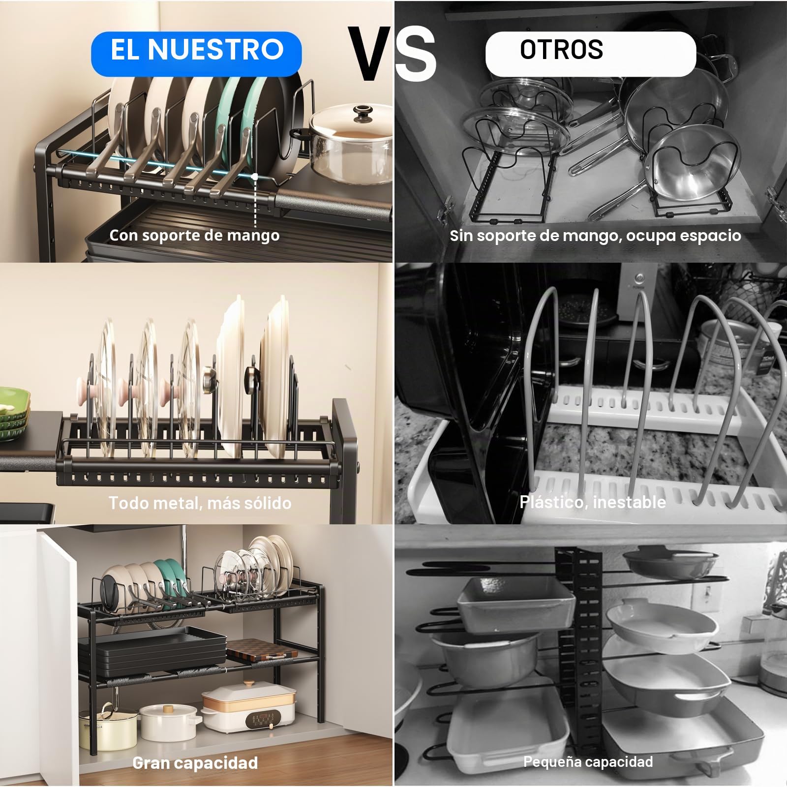 Mustorn Organizador Sartenes Espandibile, 2 Niveles Organizador Sartenes Y Ollas Cajon, Soporte Para Tapas De Ollas Altura Ajustable, Soporte Sartenes Con 12 Separadores(Negro)