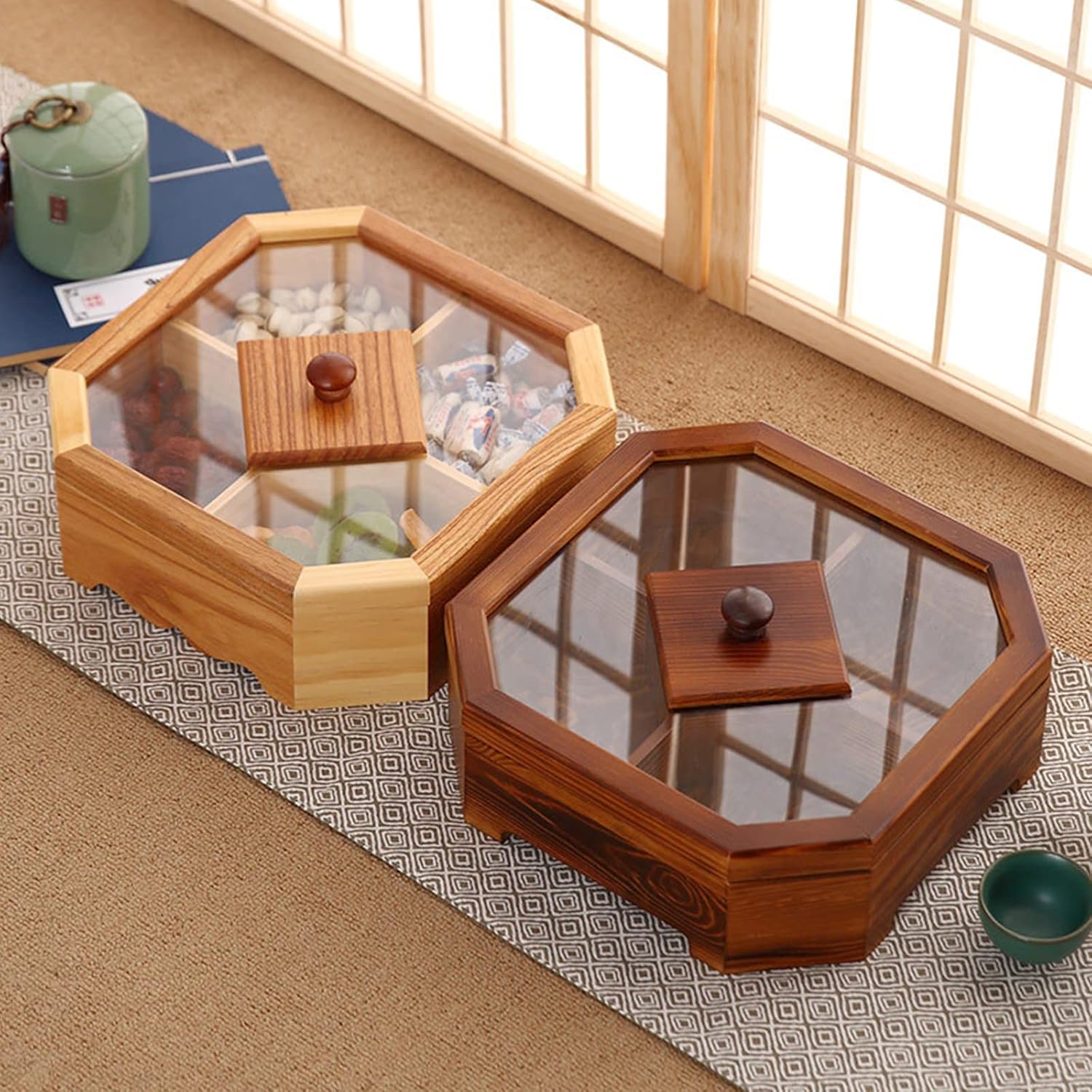 Solid Wood Box Chinese Divided Grid Dried Fruit Tray Vintage Ornament For Home Living Room Candy Nut Melon For Case Wood Vintage Boxes For Adults, Square Trumpet