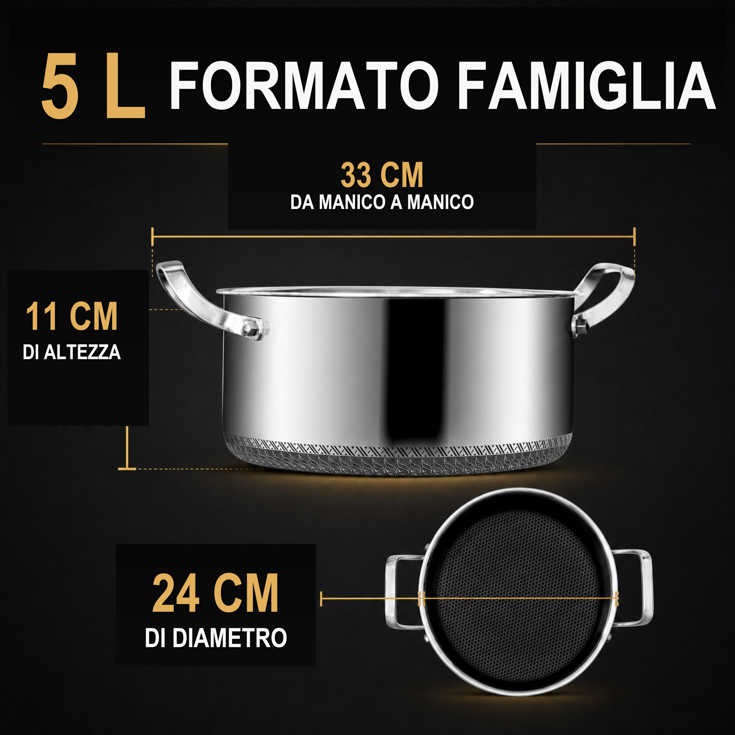 INTIGNIS® Pentola con Coperchio | Casseruola Antiaderente in Acciaio inox con Coperchio | Compatibile con l'induzione | Resistente ai Graffi | Adatta al Forno | Resistente (5 Litro)