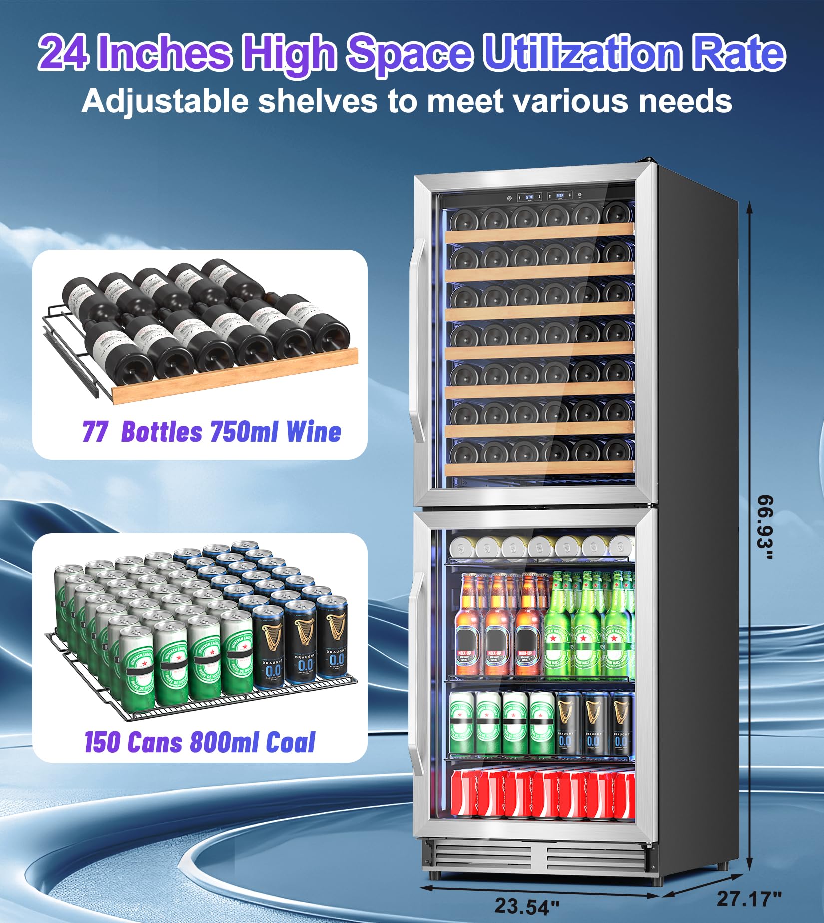 2 In 1 Wine And Beverage Refrigerator 24", Dual Zone Wine Cooler With Safety Lock, Built-In/Freestanding Beverage Cooler For 77 Bottles 150 Cans, Quiet & Constant Fast Cooling For Home Kitchen Bar on Fridge.com - View 2