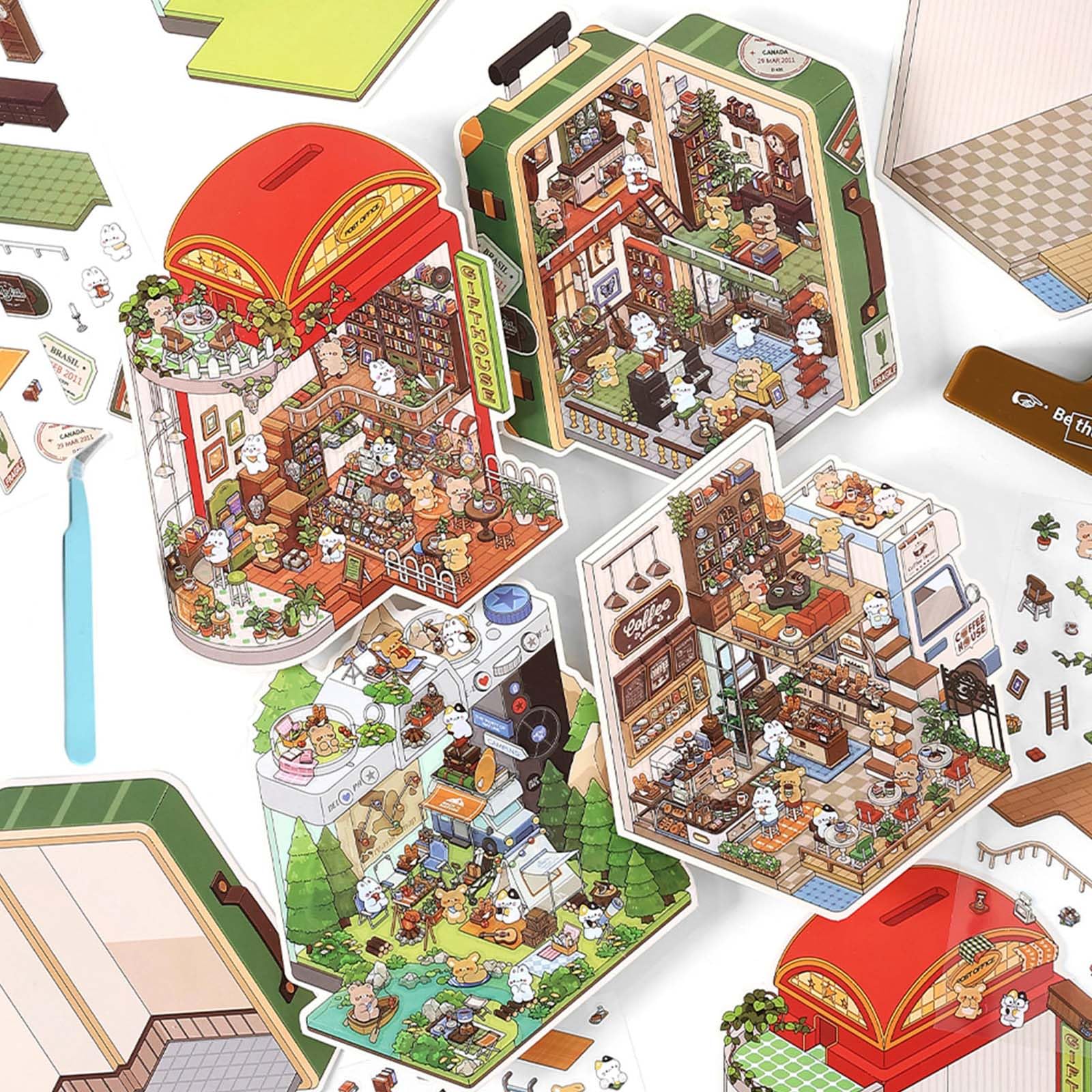 DIY 3D House Stickers for Kids, 4 Set Funny 3D Scene DIY Stickers, Make Your Own Theme House Sticker, Cute Scene Sticker for Kids Adults Pass The Time