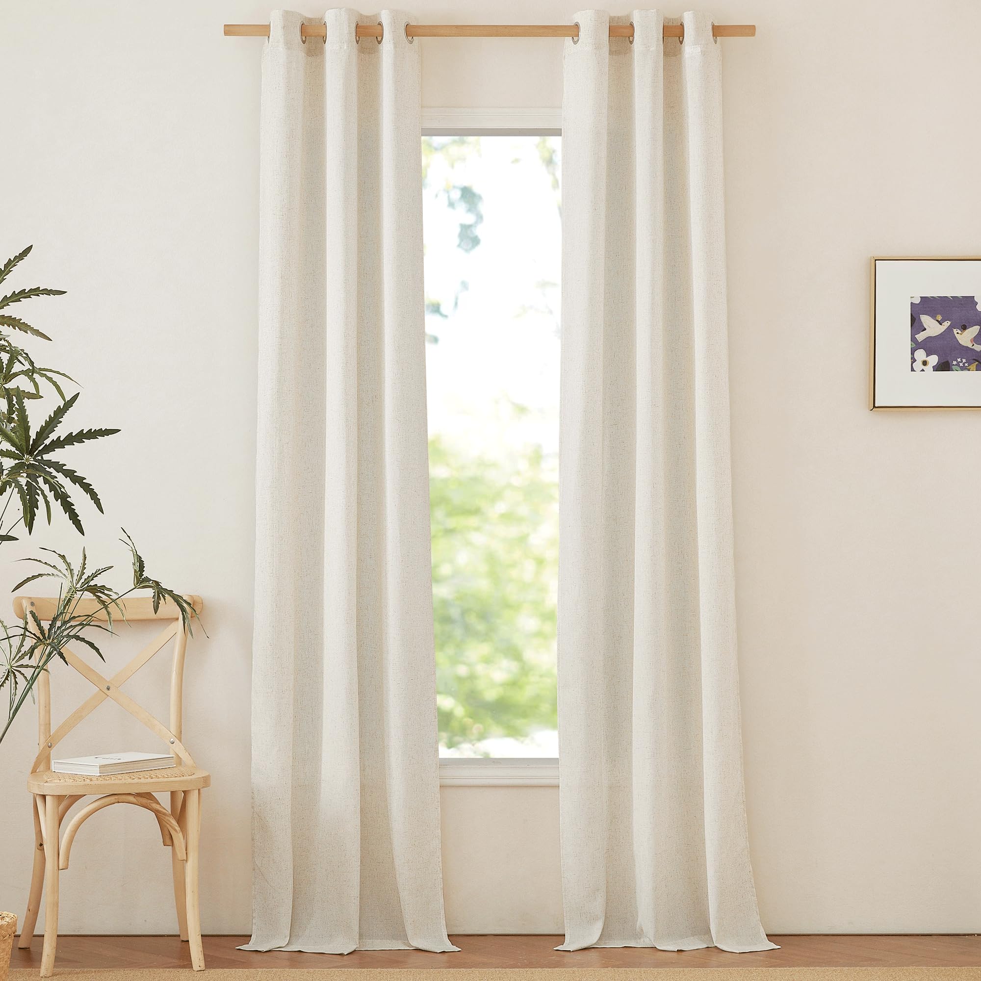 nicetown linen curtains 96 inches long for living room, grommet semi sheer drapes linen weave window treatments privacy added with light filtering for bedroom, natural, w34 x l96, 2 panels