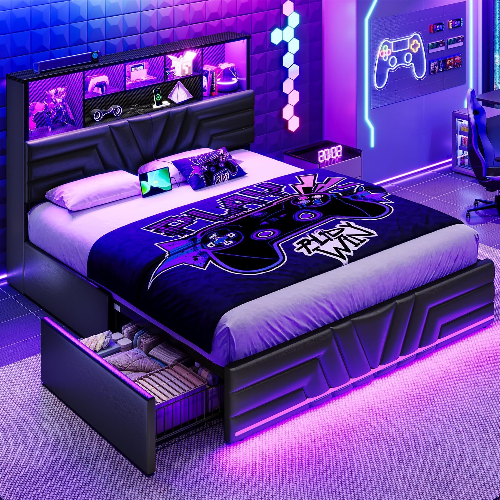 DICTAC Queen Bed Frames with 4 Drawers and Storage Headboard, Gaming Bed with RGB Lights and Charging Station, Esports-Style Bed, Leather Upholstered Platform Bed, No Box Spring Needed, Black