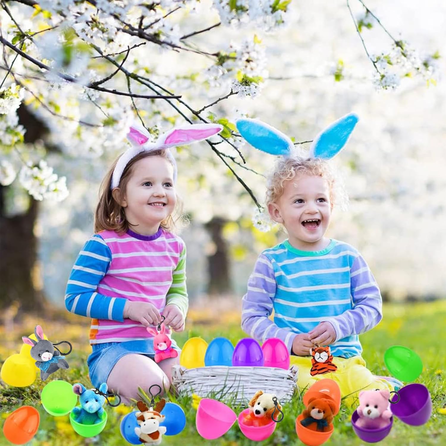 CAMIRUS 12Packs Filled Easter Eggs with Mini Plush Animal Toys, Cute Stuffed Animals Keychains Filled Surprise Plastic Eggs for Kids Easter Basket Stuffers, Hunt, Easter Party Favors Supplies