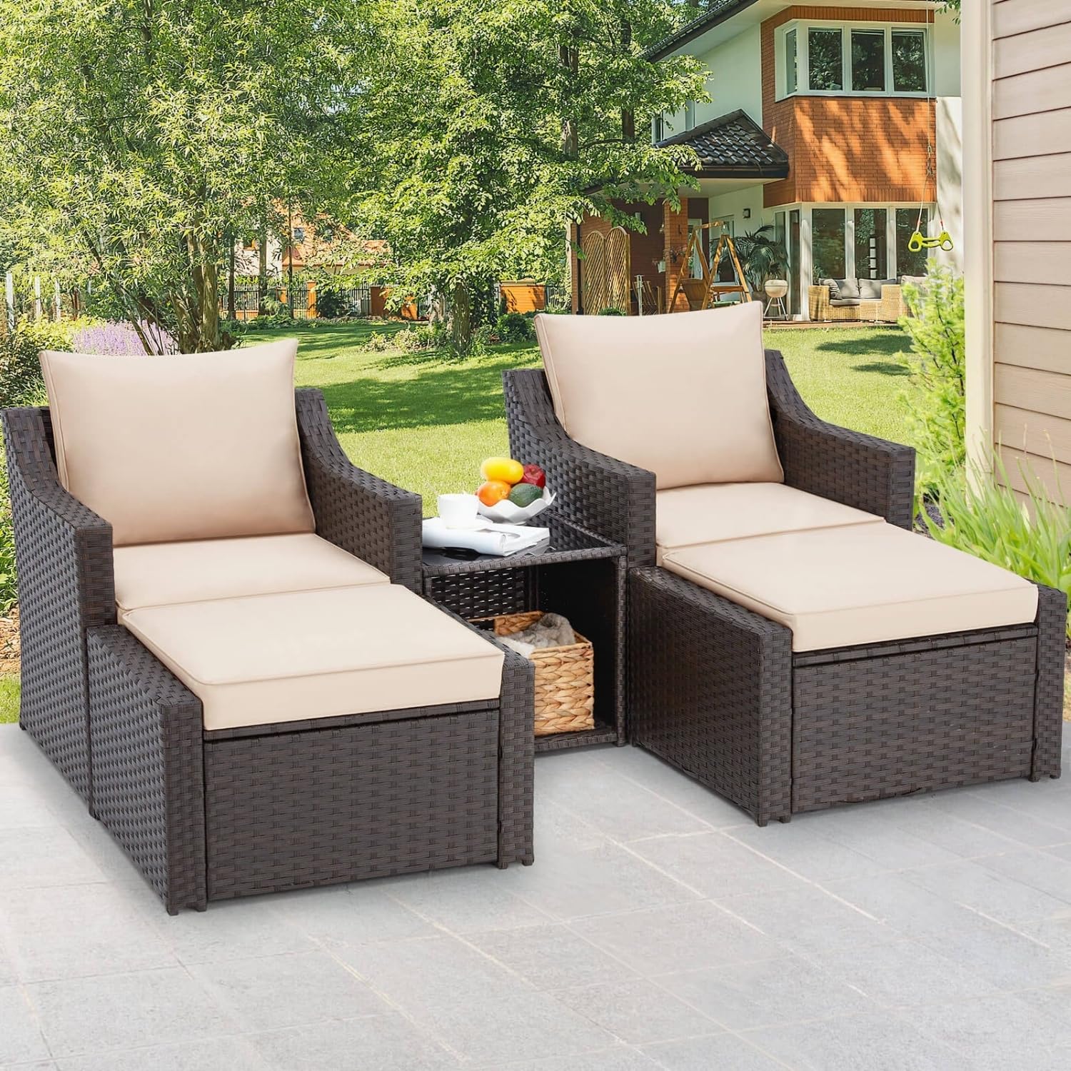 DEVOKO 5 Pieces Patio Furniture Set Outdoor Sofa and Ottoman with Cushions & Center Table, HDPE Wicker Rattan for Lawn, Pool, Balcony, Backyard (Dark Brown and Cream)