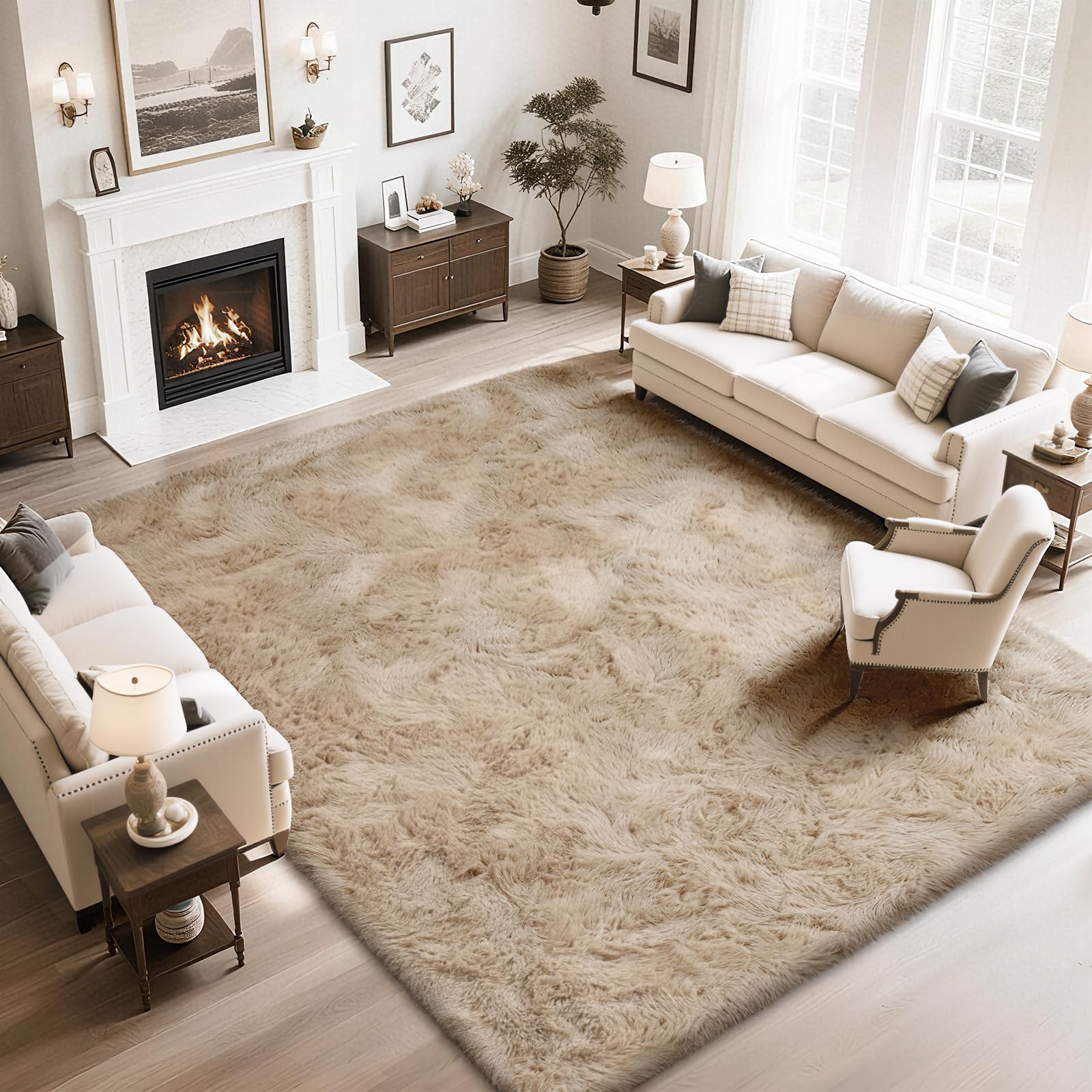 Tapis pelucheux beige haut de gamme antidérapant 2,7 x 3,7 m