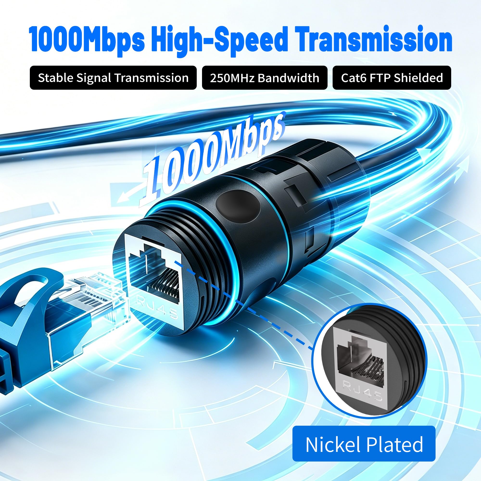 Elecan Lot de 10 coupleurs RJ45 étanches IP68 Cat 6 1000 Mbps FTP blindé femelle vers femelle Ethernet LAN, utilisation en intérieur et en extérieur pour appareils de caméras IP PoE Cat6/Cat 5e 5