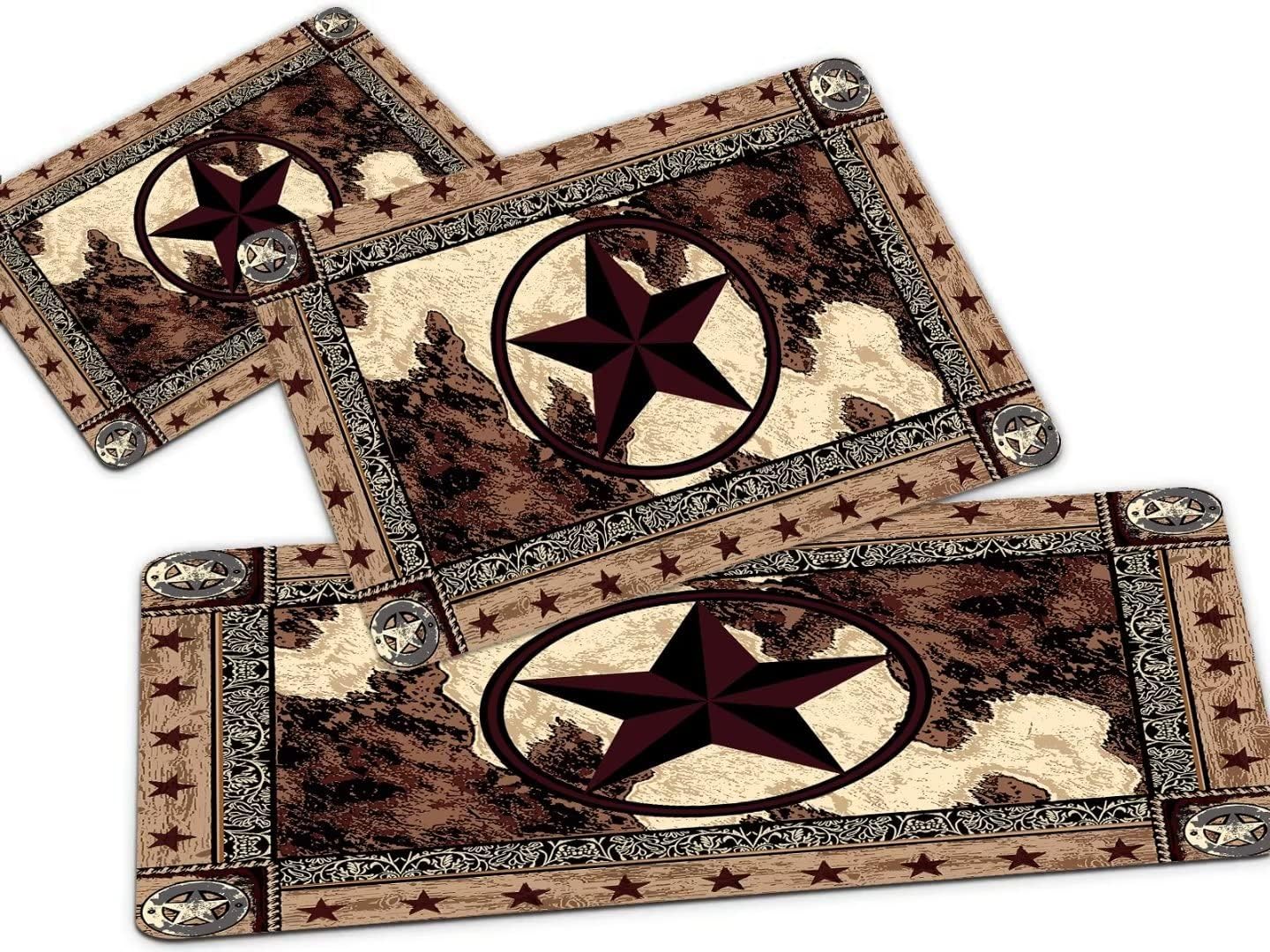 Western Kitchen Rug Sets 3 Piece Texas Star on Wood Panel Rustic Country Comfort Mat Farmhouse Vintage Floor Mats Washable Doormat Anti Fatigue Non-Slip Kitchen Runner Rugs Bedroom Area Carpet,Brown