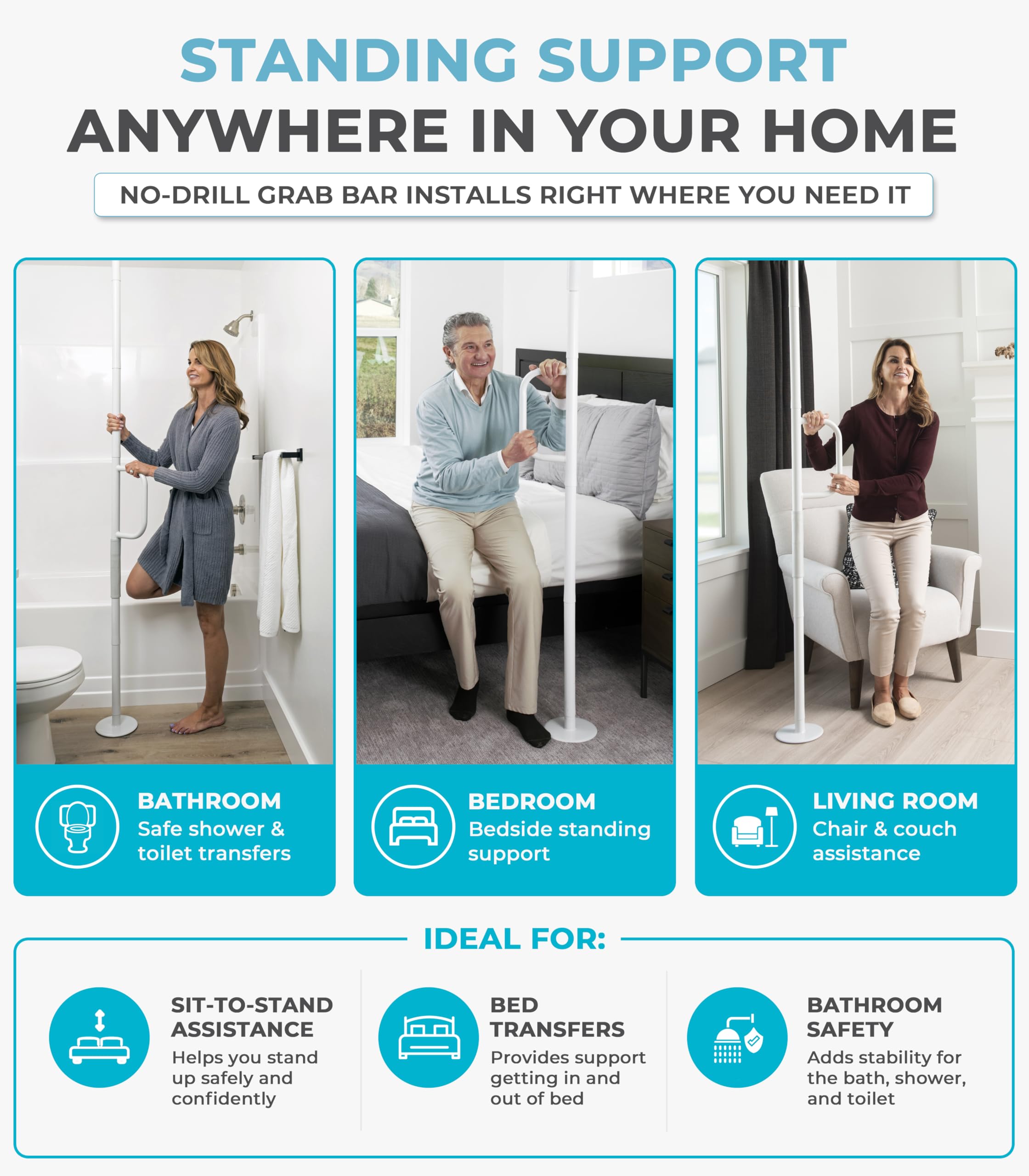 Able Life Universal Floor to Ceiling Grab Bar, Barra de Asistencia para Personas Mayores, Barra de Apoyo Baño, Barra Banera Seguridad, Asidero Baño