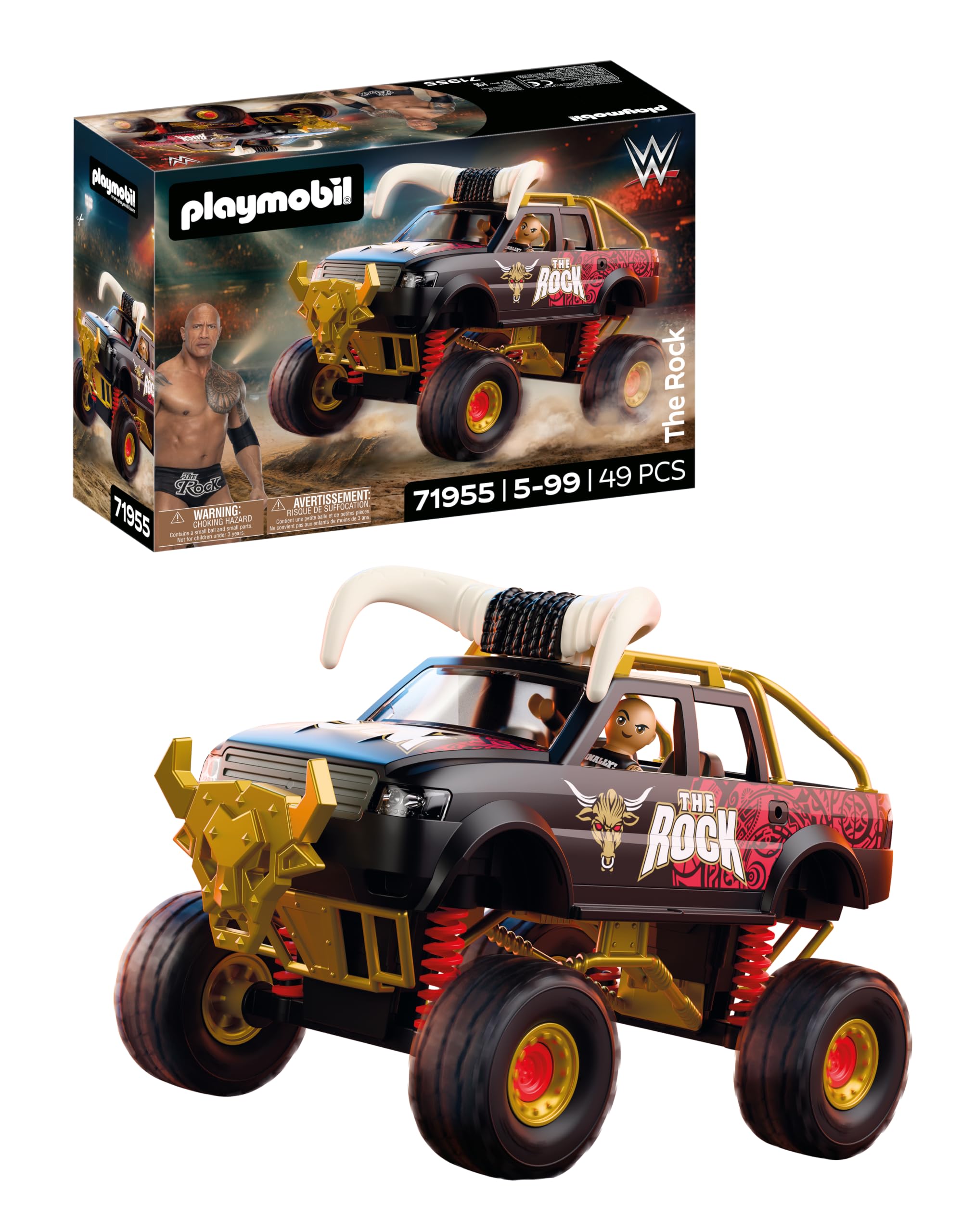 PLAYMOBIL | WWE® | The Rock Monster Truck | Monster Truck con suspensión, Cuernos y Figura de The Rock | para Fans a Partir de 5 años | 71955