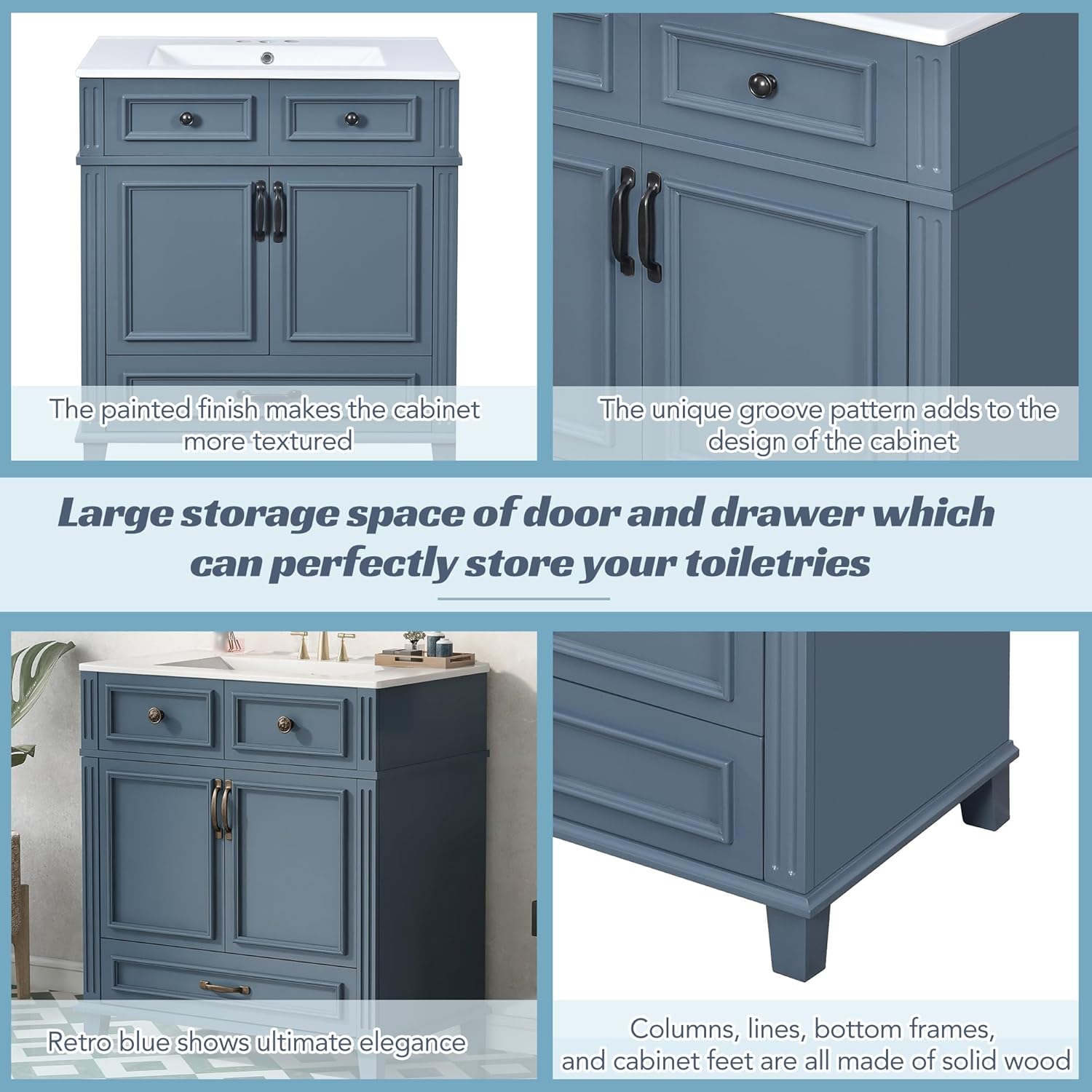 Bathroom Vanity with Ceramic Sink, 30'' Retro Storage Cabinet with Soft Closing Doors and Drawer, Elegant Wooden Freestanding Organizer with Metal Handles and Solid Wood Feet, Easy Assembly, Blue
