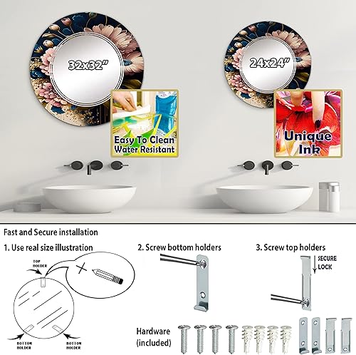 Miniatura 4 de DesignQ Burgundy and Blue Daisy Bunch I- Vanity Mirror, Bathroom Mirrors, Wall Mirrors for Living Room, Bedroom - Round Mirror - Large 24'x24',