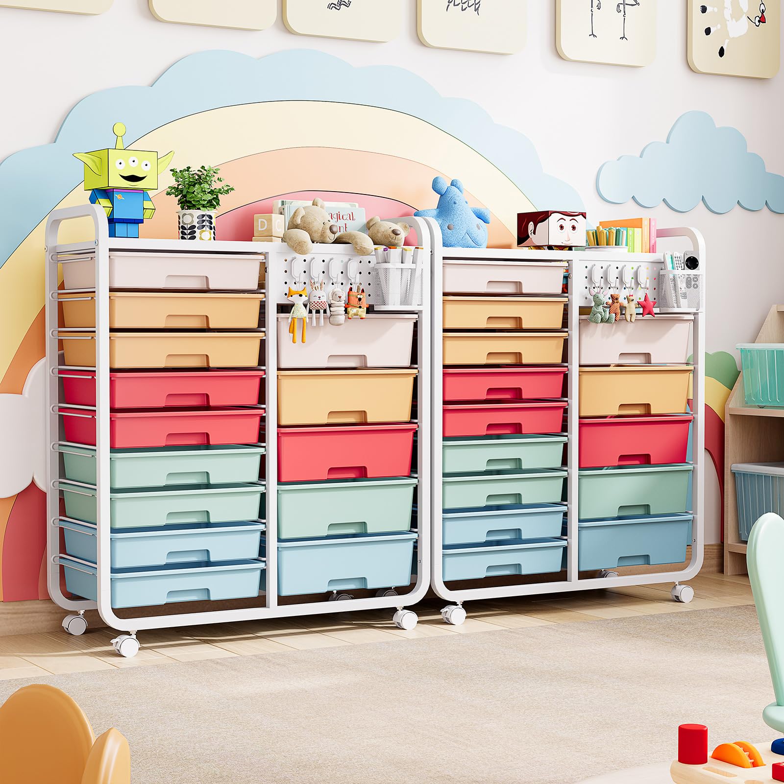 Chariot de rangement à 14 tiroirs avec panneau perforé et panier suspendu et 4 crochets pour bureau, maison, salle de classe, fournitures artistiques, chariot de tiroir mobile, multicolore