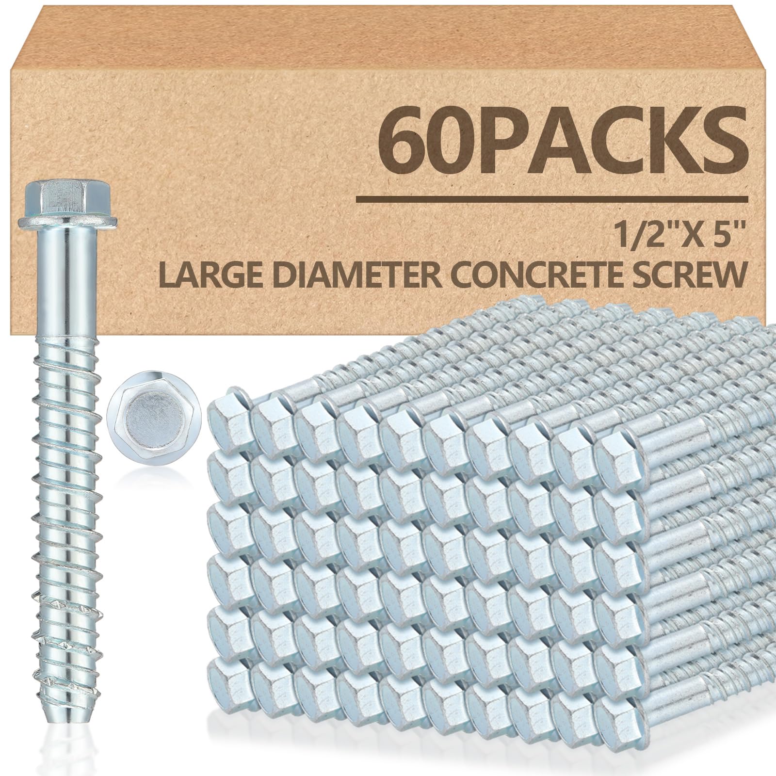 Photo 1 of Tandefio 60 Pack 1/2" x 5" Concrete Screw Anchor Galvanized Large Diameter Heavy Duty Plated Concrete Anchors for Masonry Brick Anchoring Block Decking Framing Hex Drive
