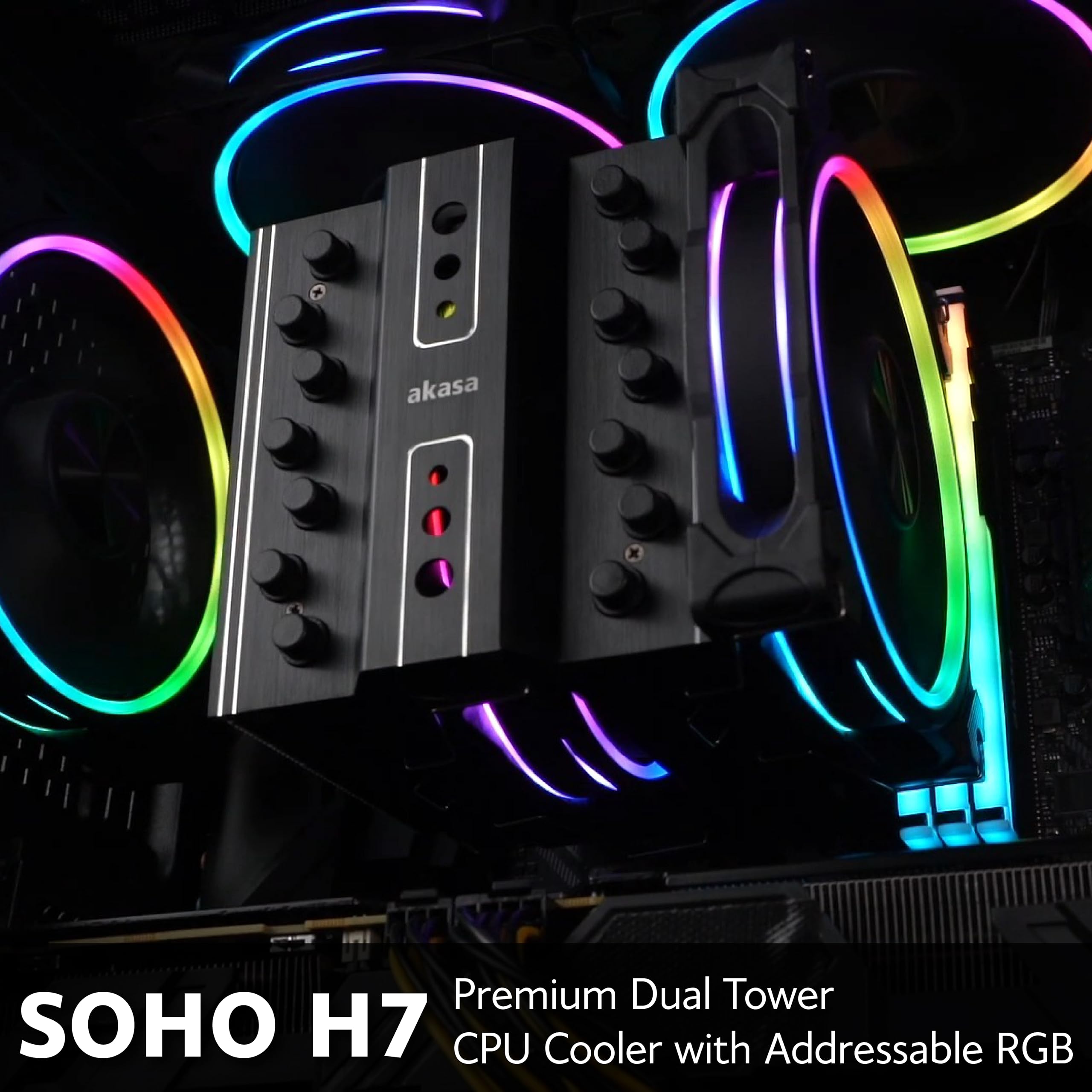 Akasa SOHO H7 Premium Dual Tower 7-Heatpipe chłodzenie procesora z adresowalną RGB, 250 W TDP, wentylator PWM 120 mm, obsługuje Intel LGA 1700/1200/115X/20XX AMD AM5/AM4, AK-CC4026HP01
