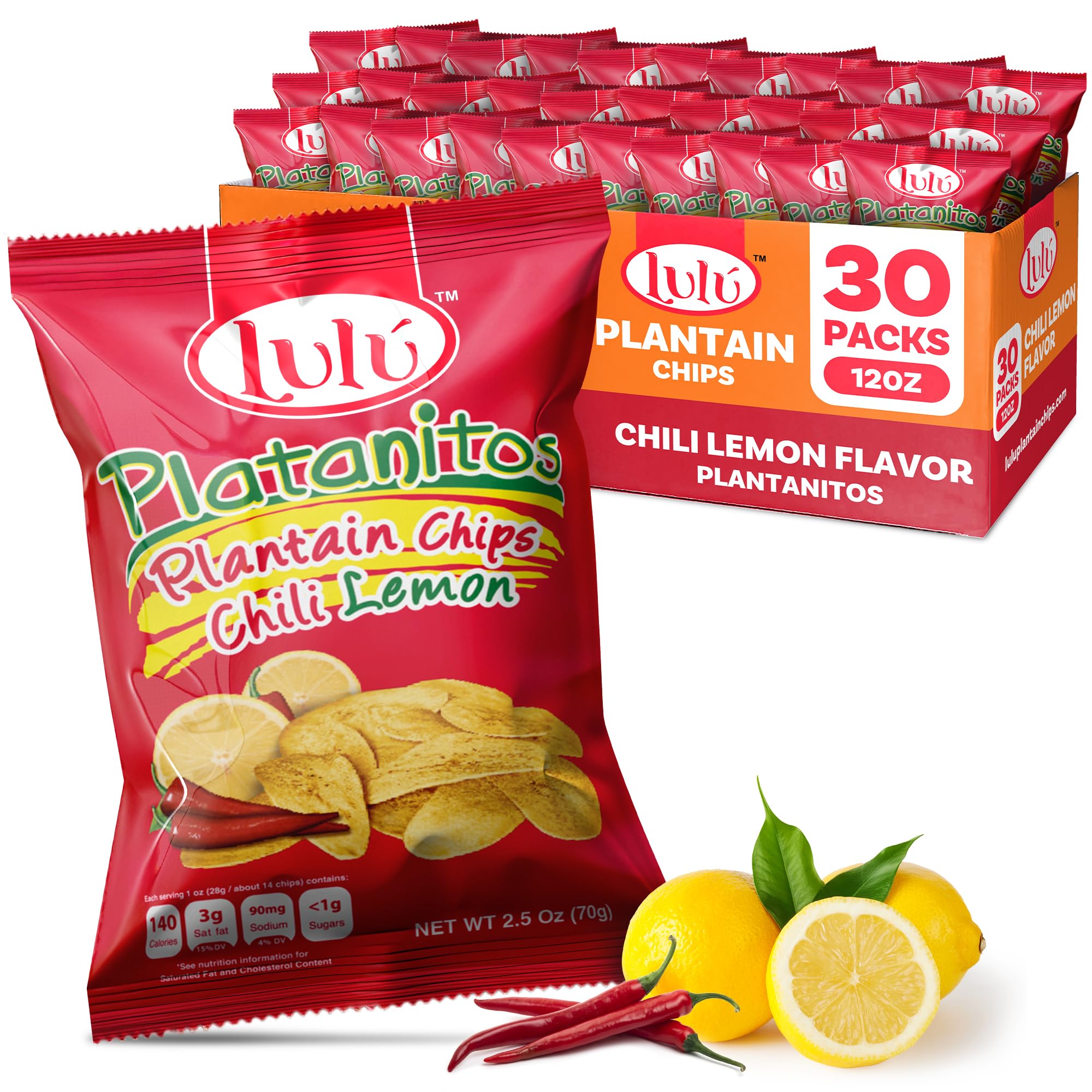 LULU Plantain Chips - Chili Lemon, 30 Individual Bags (2.5 Oz Each) - Crunchy, Delicious, Gluten-Free Healthy Snacks - No Preservatives or Artificial Colors, Made from Sustainably Sourced Plantains