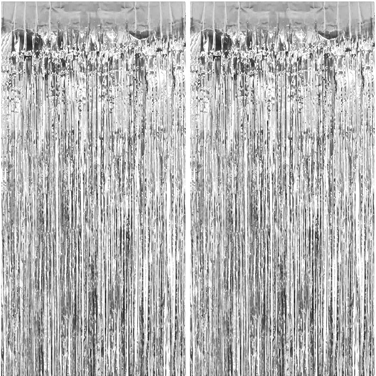 Silvester Lametta Vorhang Silber, Folie Fransen Vorhang Schimmer, Metallic Tinsel Vorhange Hintergrund Fringe Glitzervorhänge Fransenvorhang Metallfolie fur Party Deko Geburtstagsdeko -2stk-