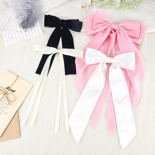 Miniatura 7 de Zkptops 4 pinzas para el pelo con lazo para mujeres y niñas, cinta de satén sedosa rosa y blanca, soporte largo para cola de caballo grande,