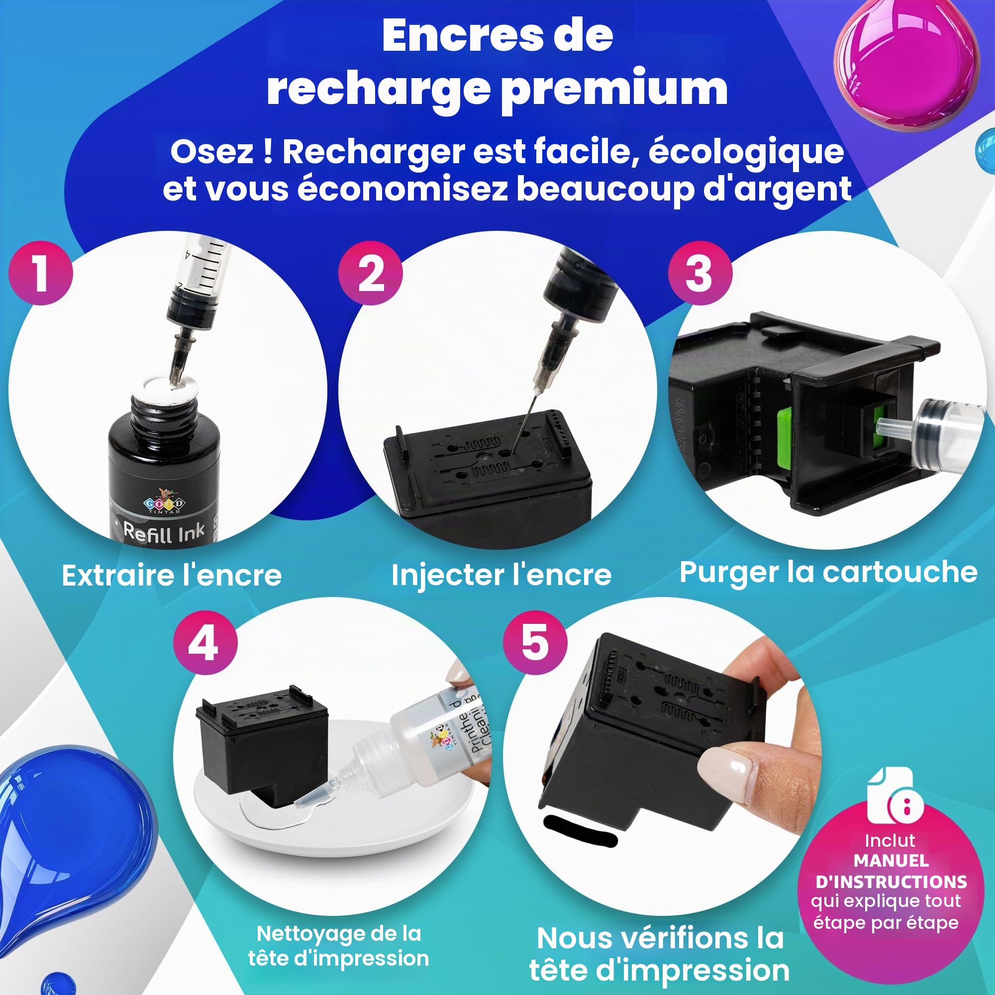 Kit de recharge d'encre compatible pour cartouches d'encre HP 307XL 305XL 304XL 303XL 302XL 301XL 300 301 302 303 304 305 21 22 62 Comprend 500 ml Encres+ Accessoires+ 50 ml Nettoyer les