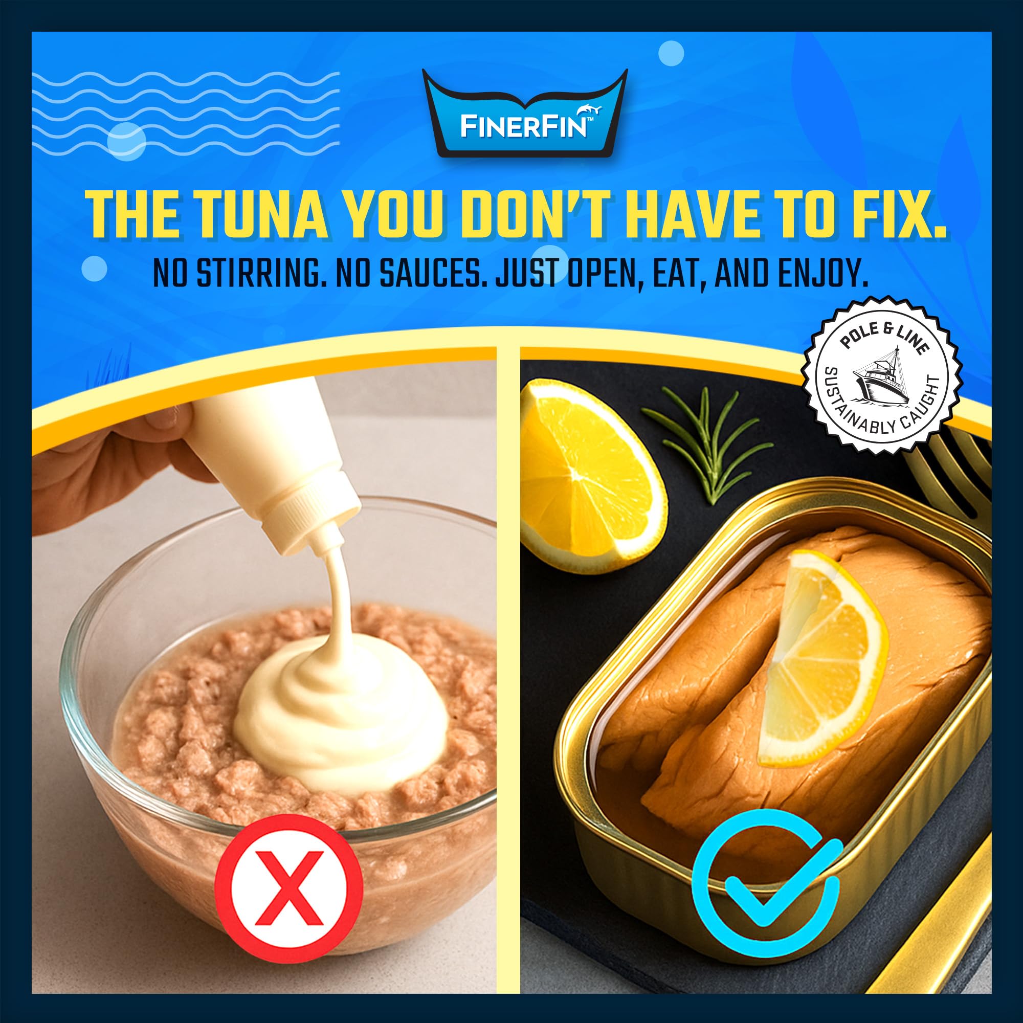 FinerFin Premium Zesty Lemon Yellowfin Tuna Fillets in Organic Extra Virgin Olive Oil, 4.4 oz | Hand Cut | Gourmet Ready-to-Eat Fillets | Gluten Free | Kosher