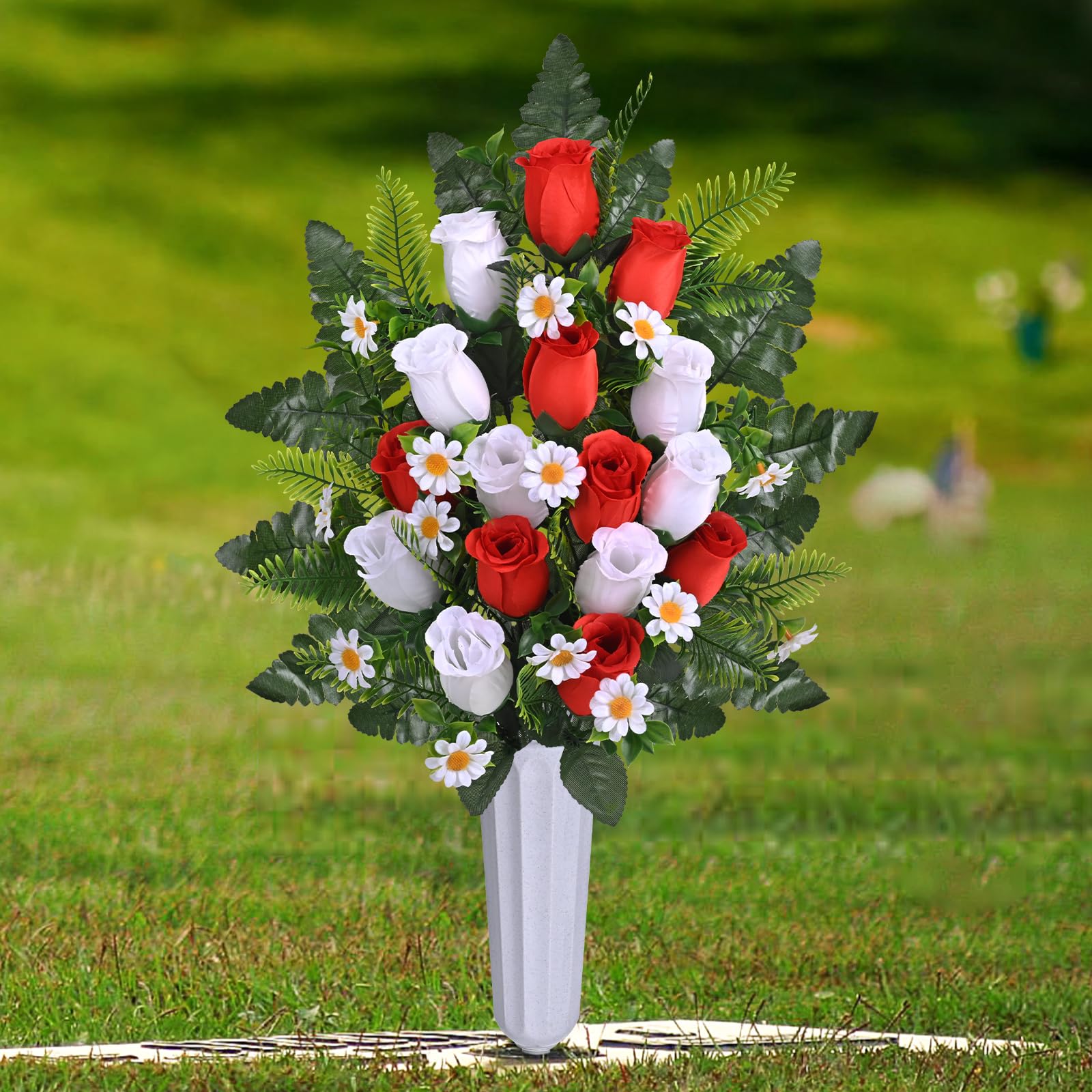 Dolicer 2 Sets Artificial Cemetery Flowers for Grave, Realistic Grave Flowers Memorial Flowers for Cemetery UV Resistant Silk Rose Flowers with Vase for Cemetery Grave Decorations(Red, White)