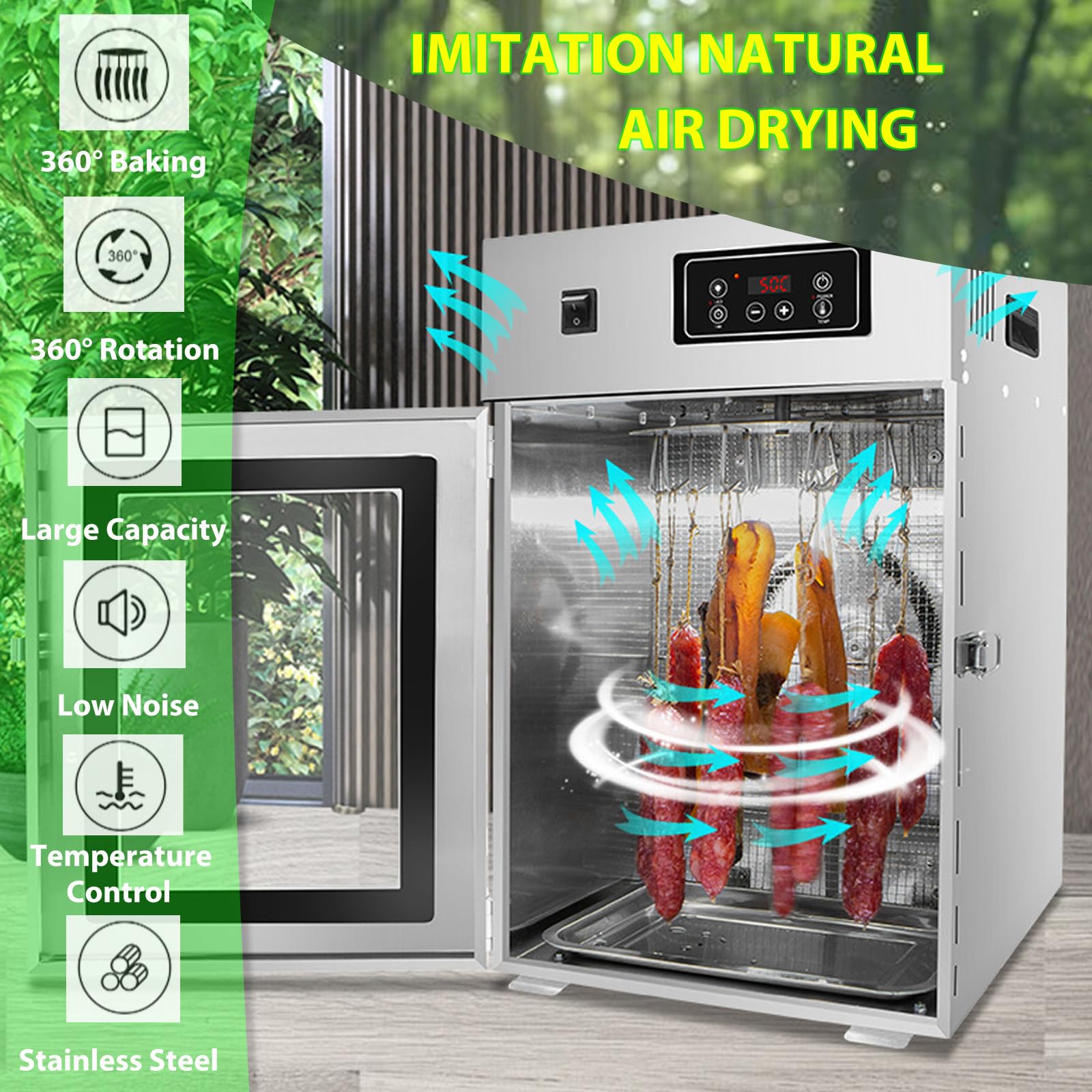Essiccatore Rotante per Carne in Acciaio Inox, Armadio di Frollatura a Secco da 800 w, Rotazione a 360°, con 14 Ganci, Regolazione 0-90 °C, Essiccazione Tridimensionale