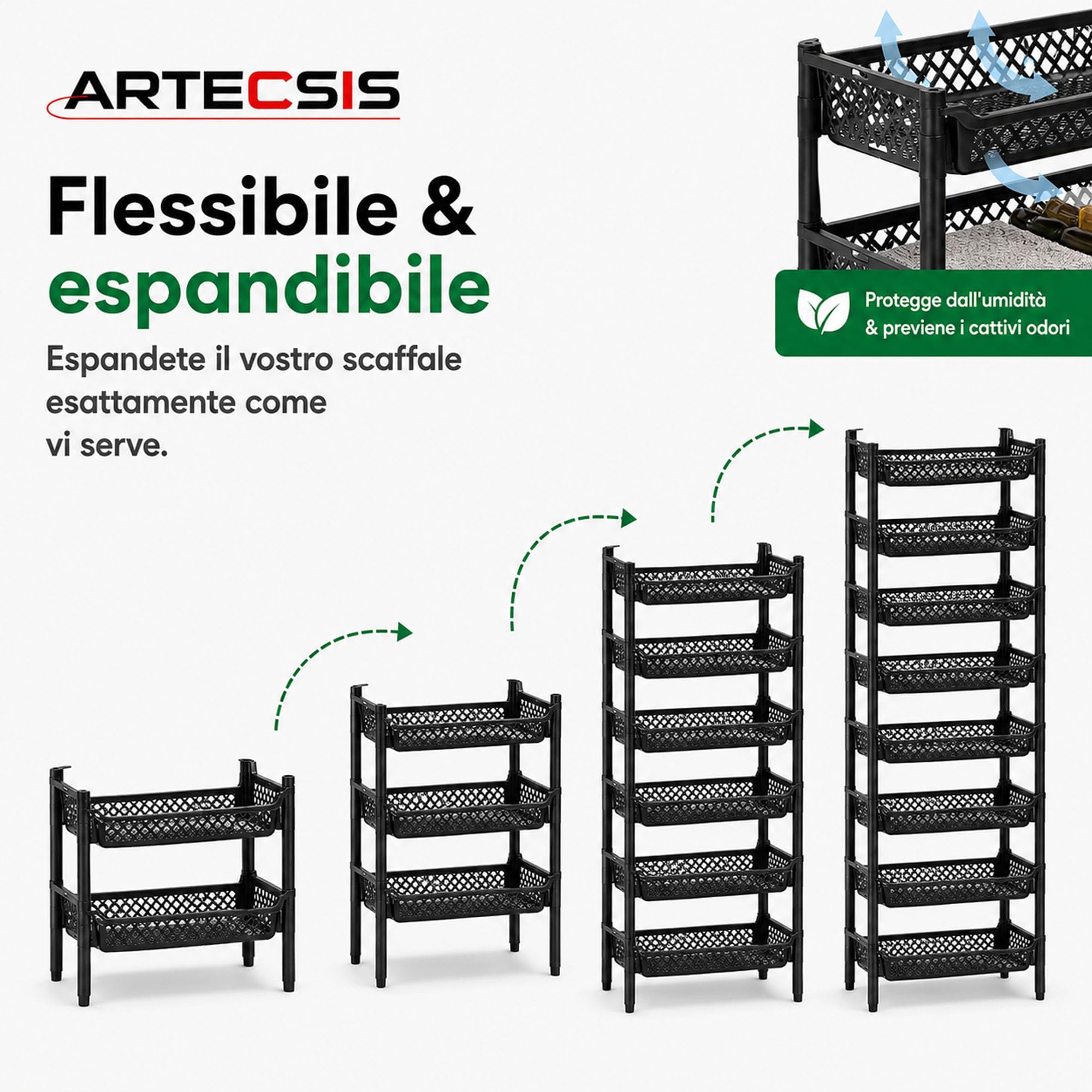 ARTECSIS Scaffale in plastica a 6 livelli 120x50x40cm, nero/max 10Kg/caso