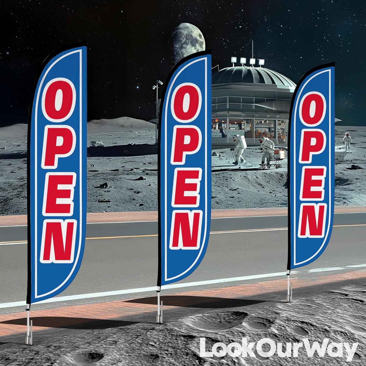 LookOurWay Feather Flag Pole Kit - 12 Feet Tall Advertising Flag Banner with Fiberglass Pole Kit and Ground Spike for Business Promotion - Grand Opening Flags - Open Blue & Red (10M1200107)